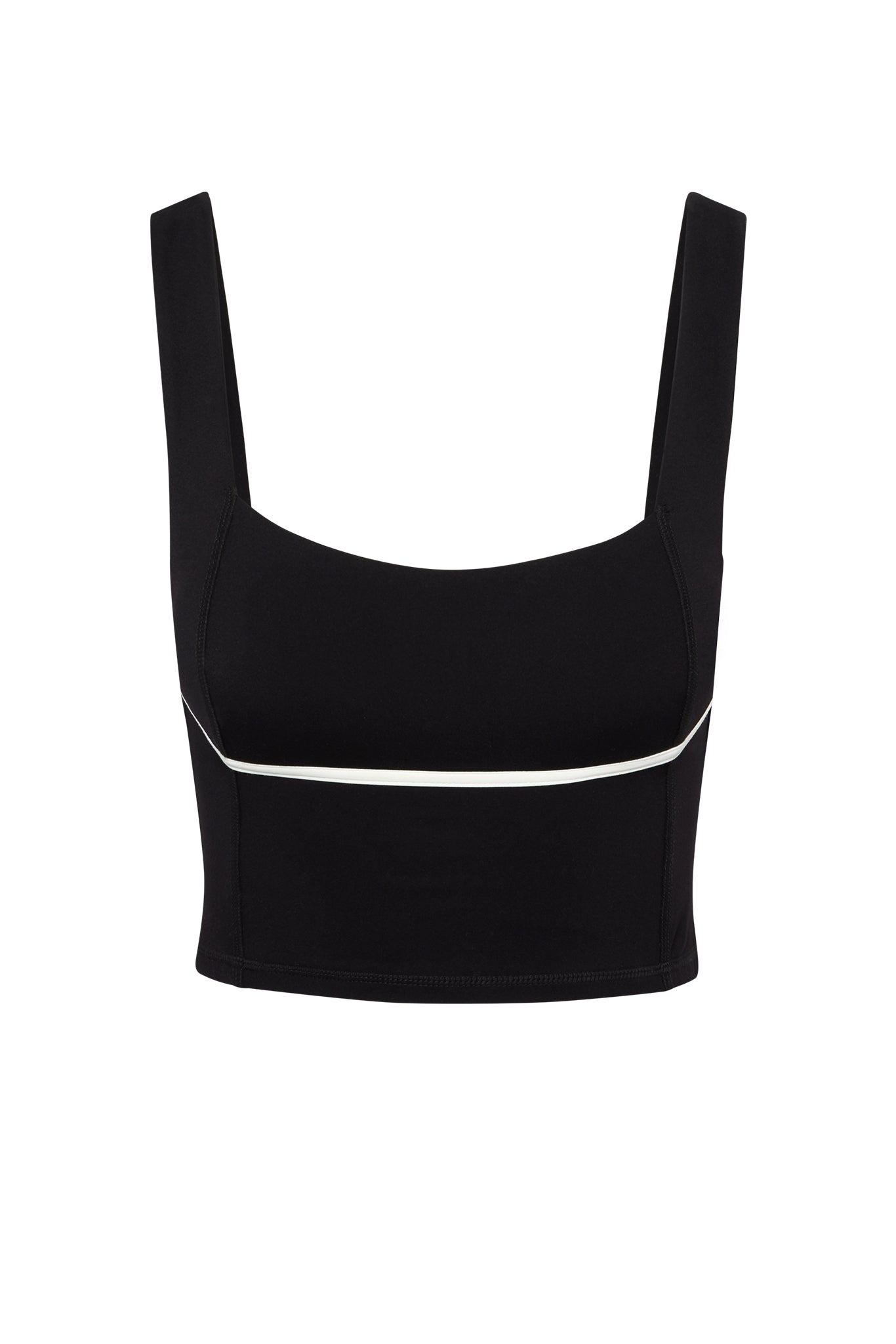 Black cropped tank top with wide straps and white underbust piping on white background