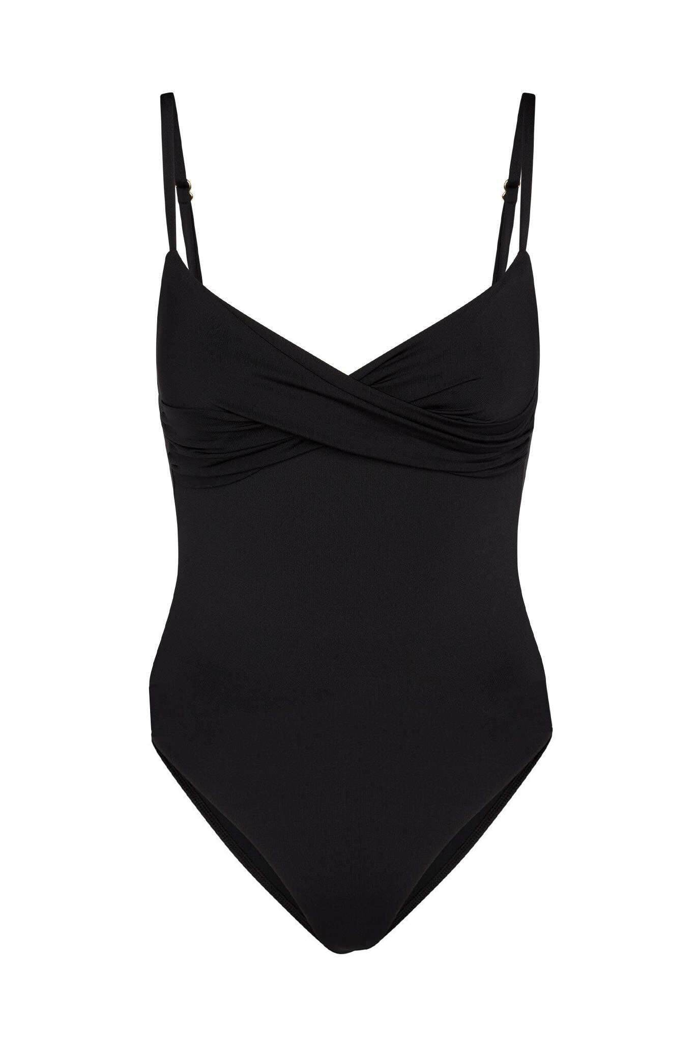 Black one-piece swimsuit with crossover V-front, adjustable thin straps, and moderate leg coverage.
