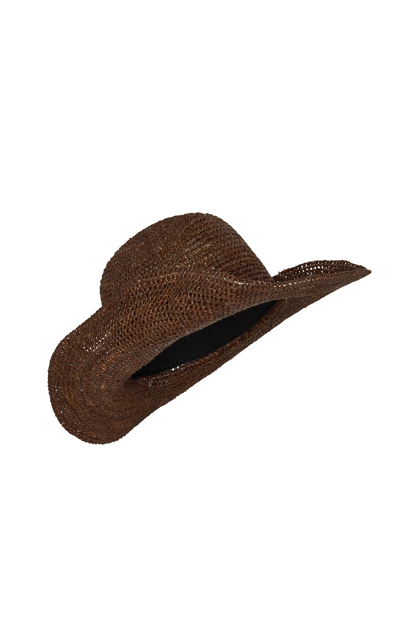 Brown woven straw cowboy hat with curved wide brim and visible black inner sweatband