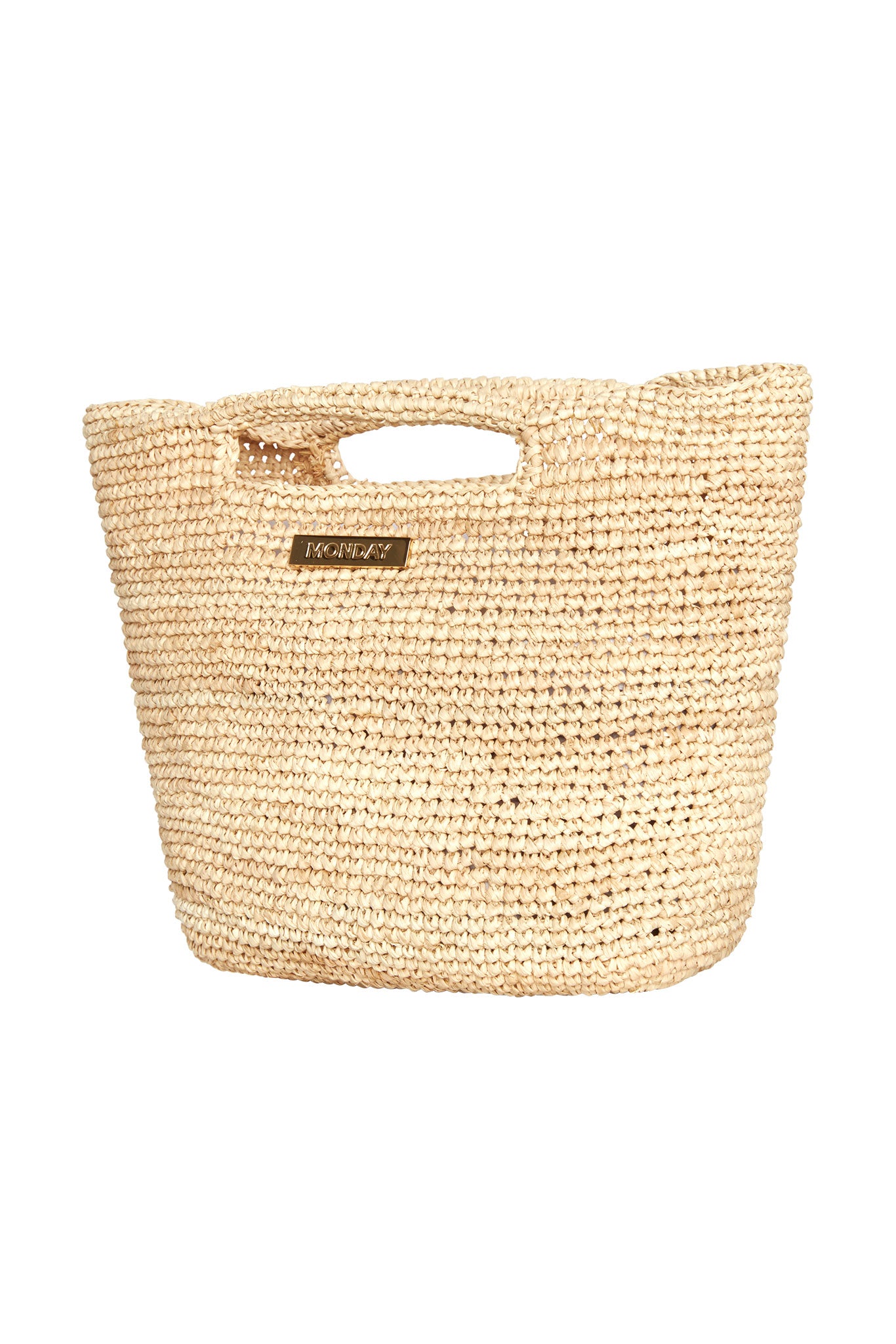 Woven natural straw tote bag with built-in top handle and gold MONDAY nameplate
