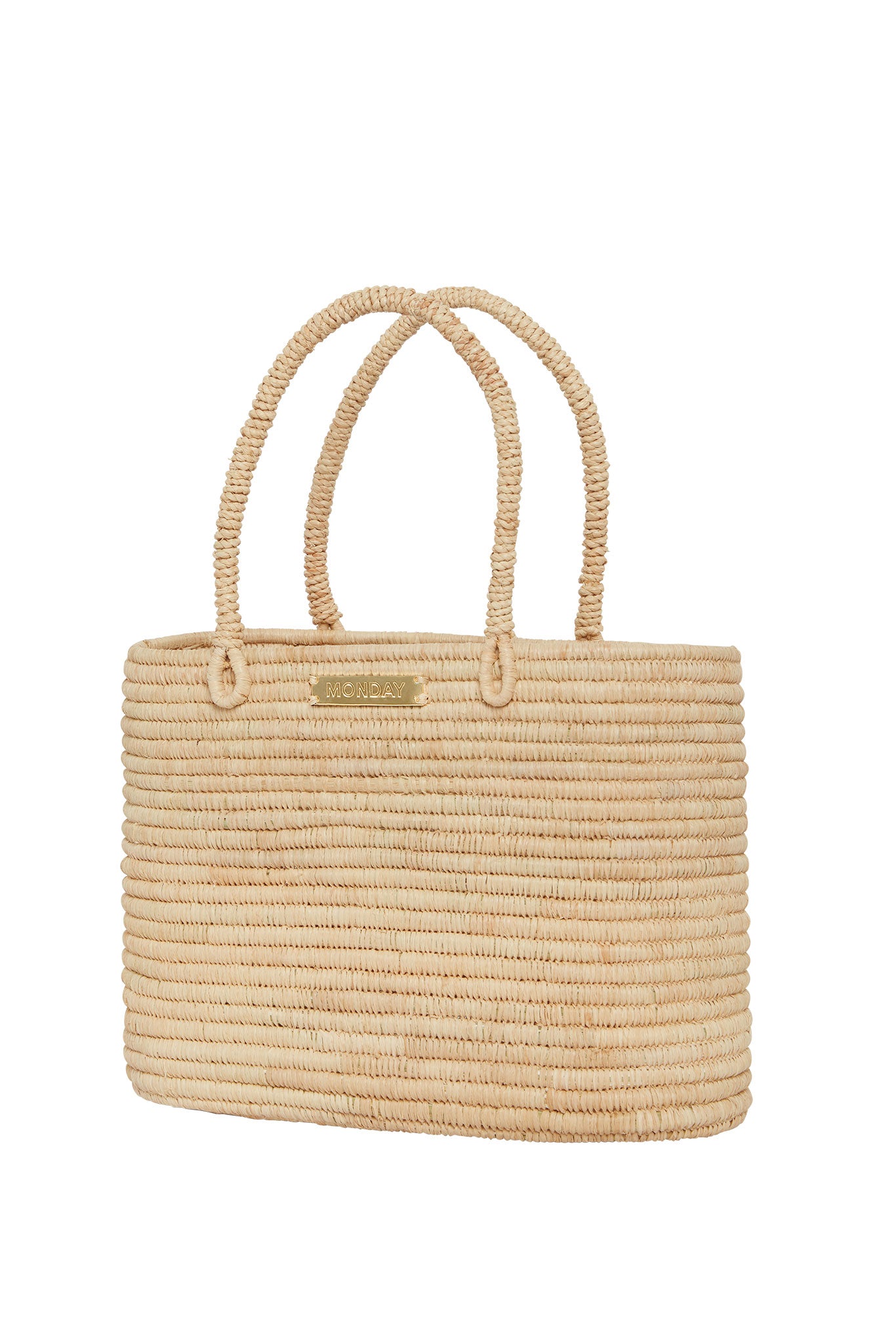 Woven straw tote bag with double wrapped handles and small metal plate reading MONDAY.