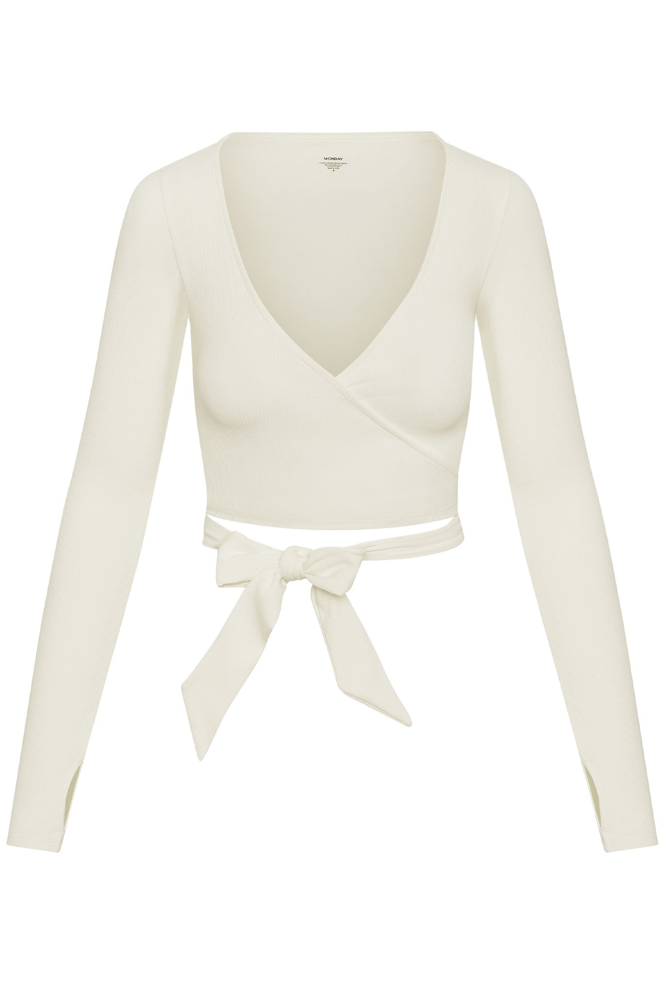 Ivory ribbed long-sleeve wrap crop top with V-neck and waist tie bow, small 'MONDAY' neck label.