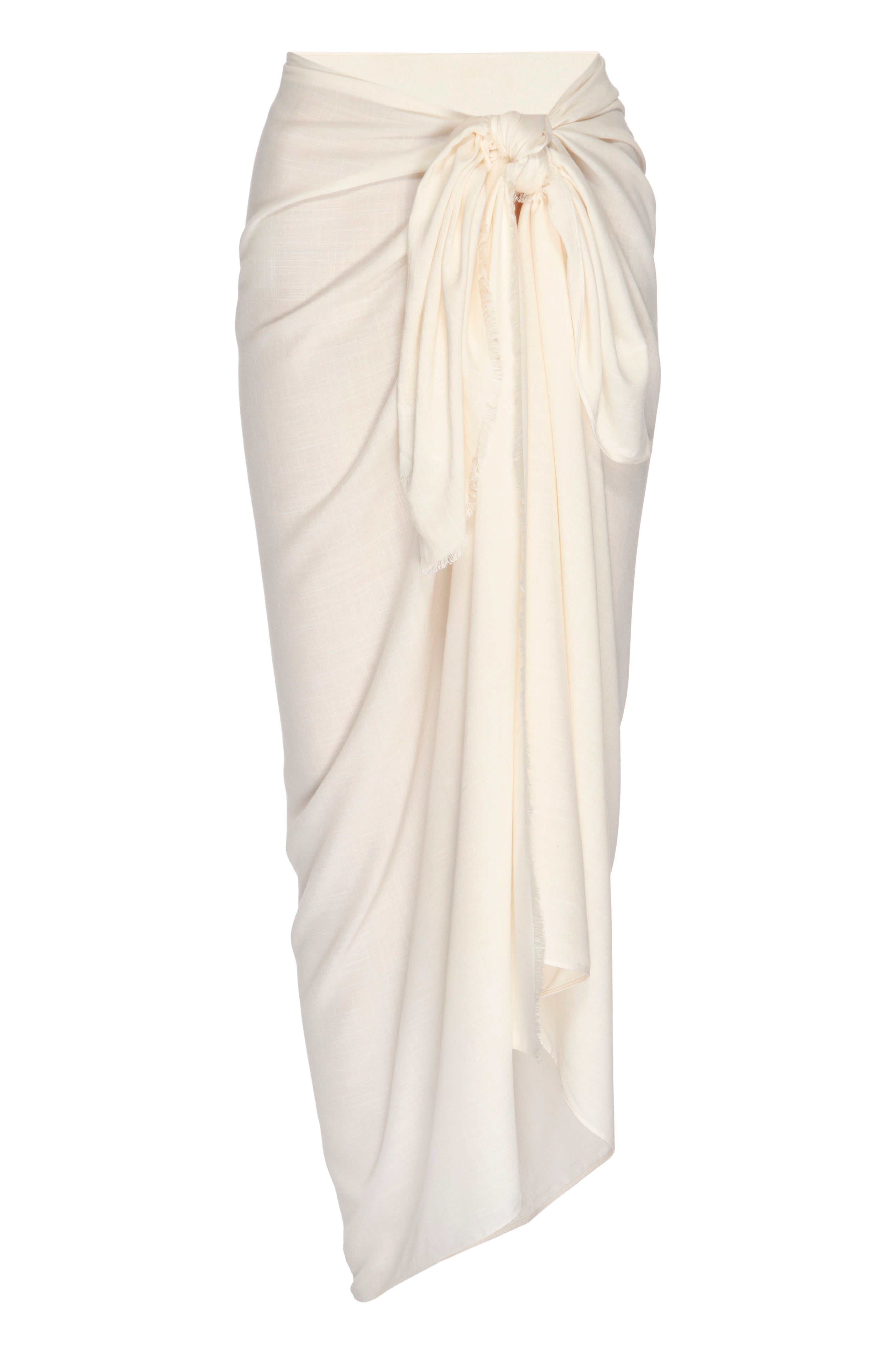 Cream wrap sarong tied at the waist with a long draped knot and cascading front panel