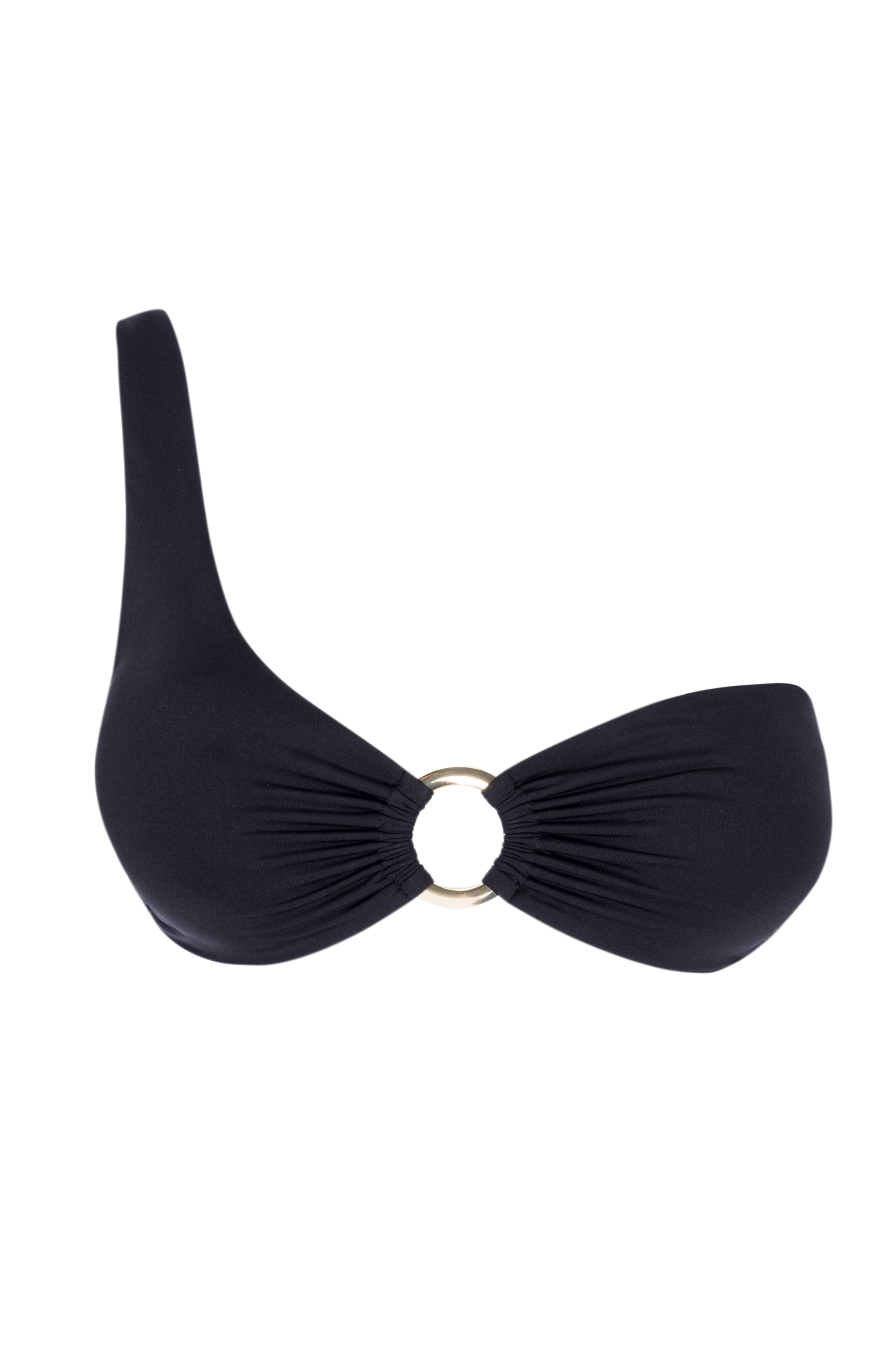 Black one-shoulder bikini top with gathered cups and a central gold ring