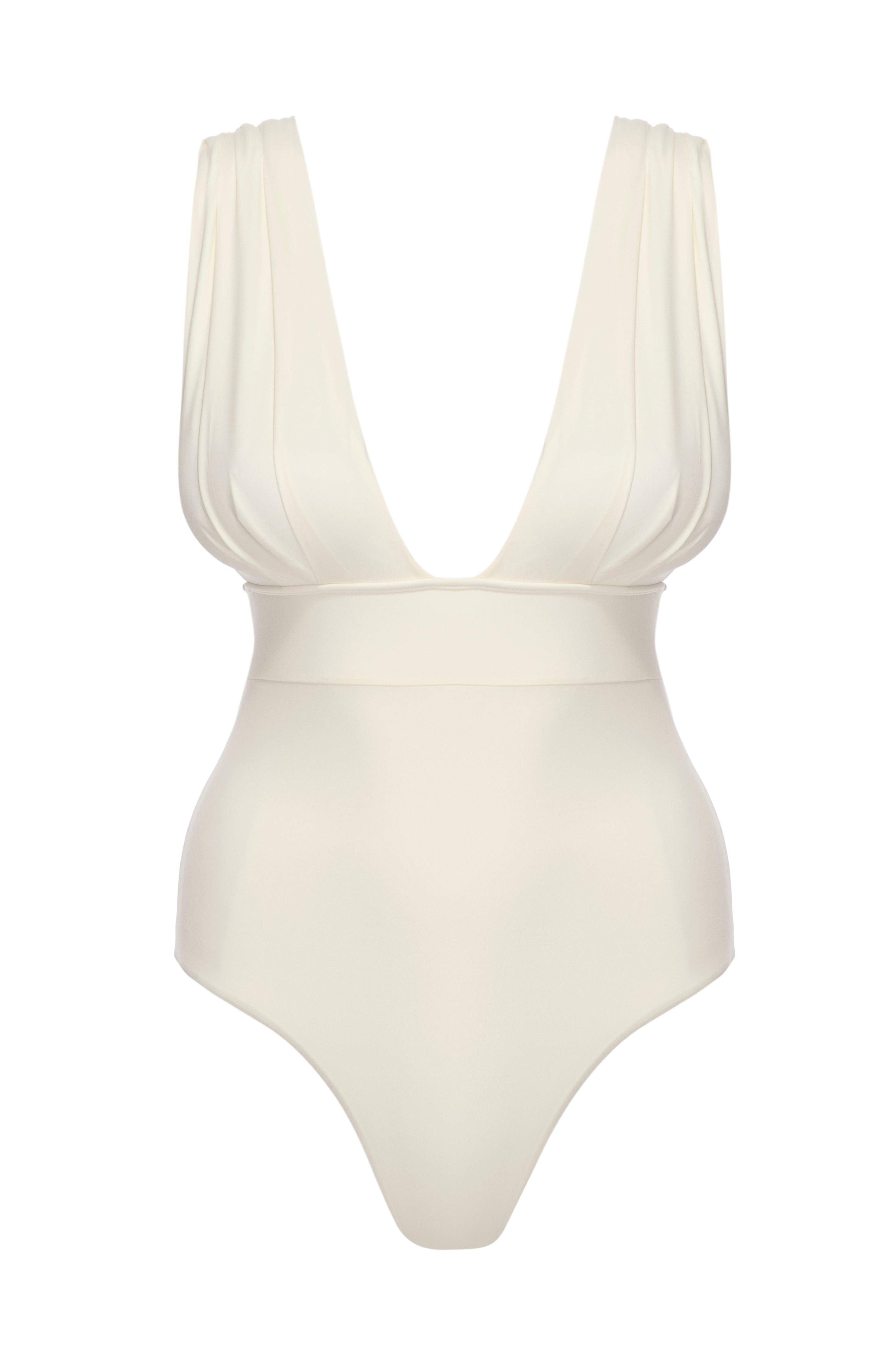 Ivory one-piece swimsuit with deep V neckline, ruched wide shoulder straps and high-cut leg