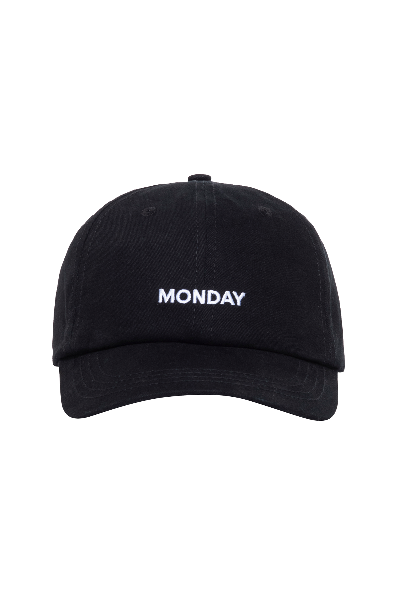 Black baseball cap with white embroidered text "MONDAY" centered on the front.