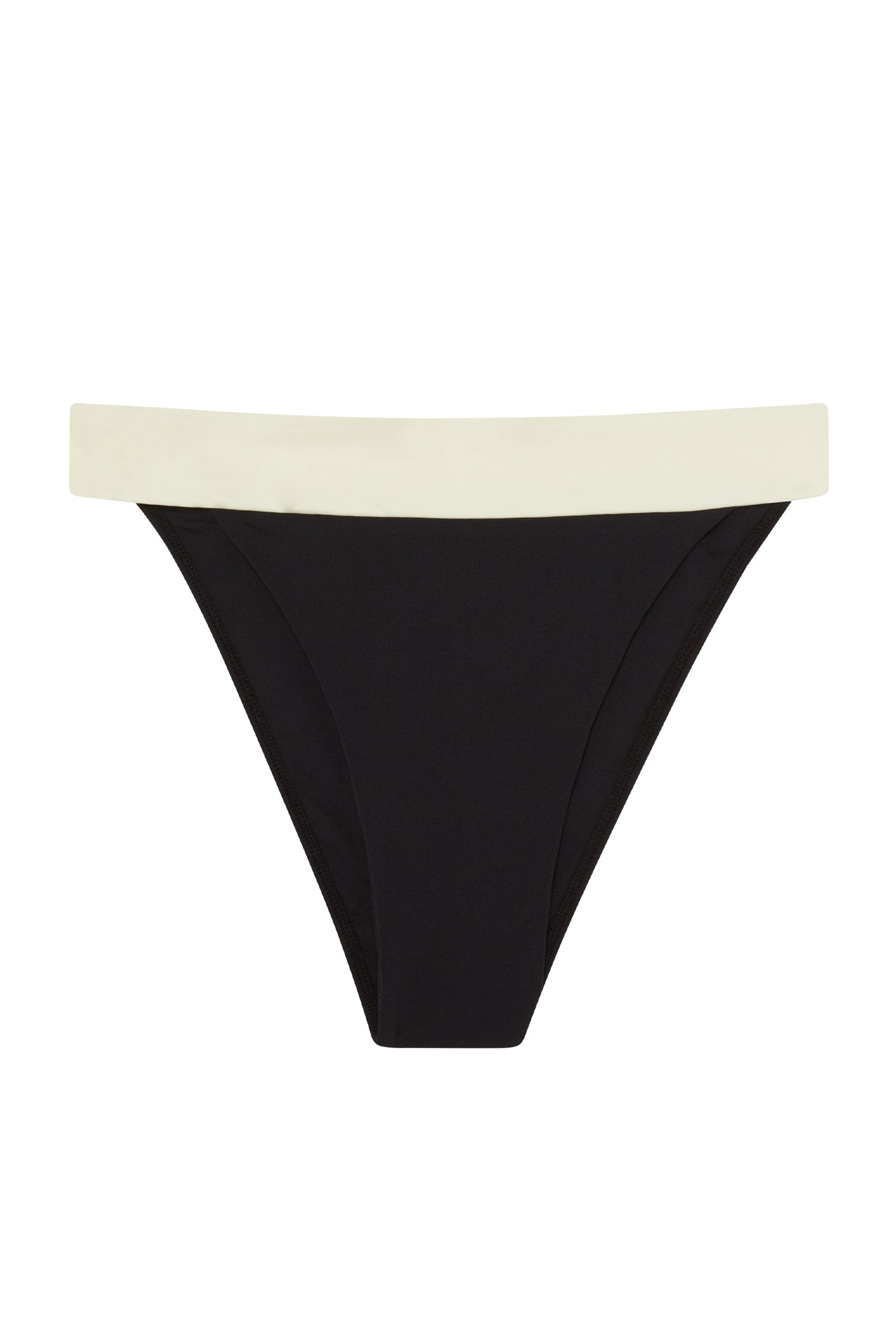 Black bikini bottom with folded cream waistband, high-cut brief on white background.