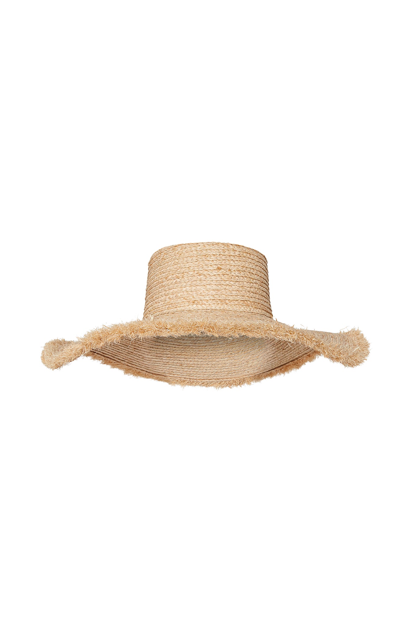 Natural straw wide-brim sun hat with frayed brim edges and rounded crown.