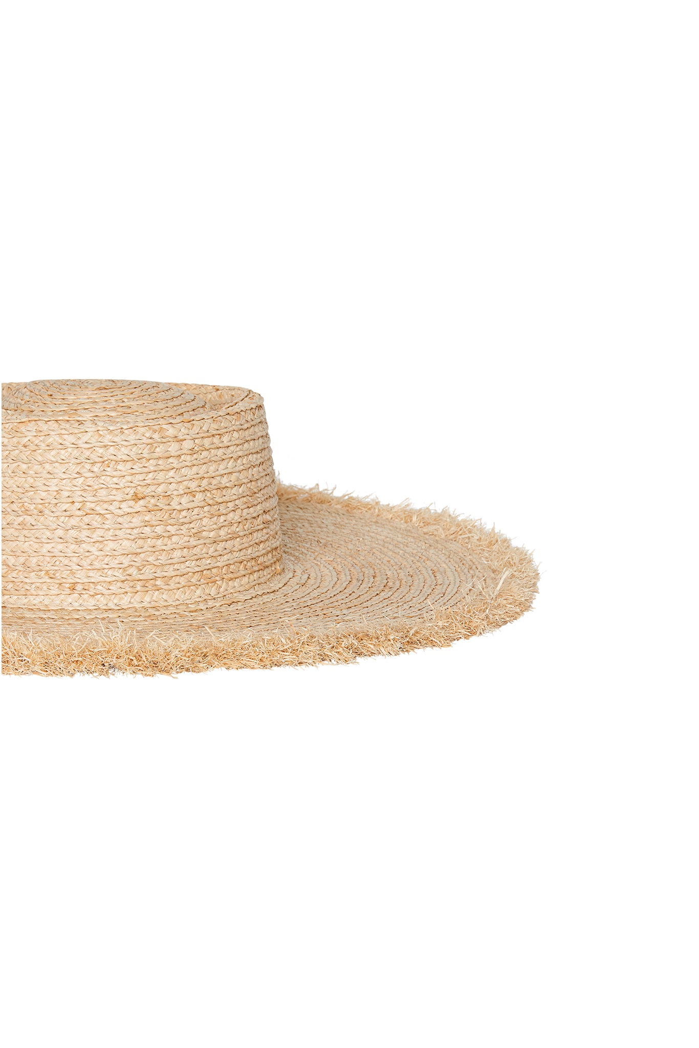 Wide-brimmed natural straw sun hat with frayed edge and woven crown