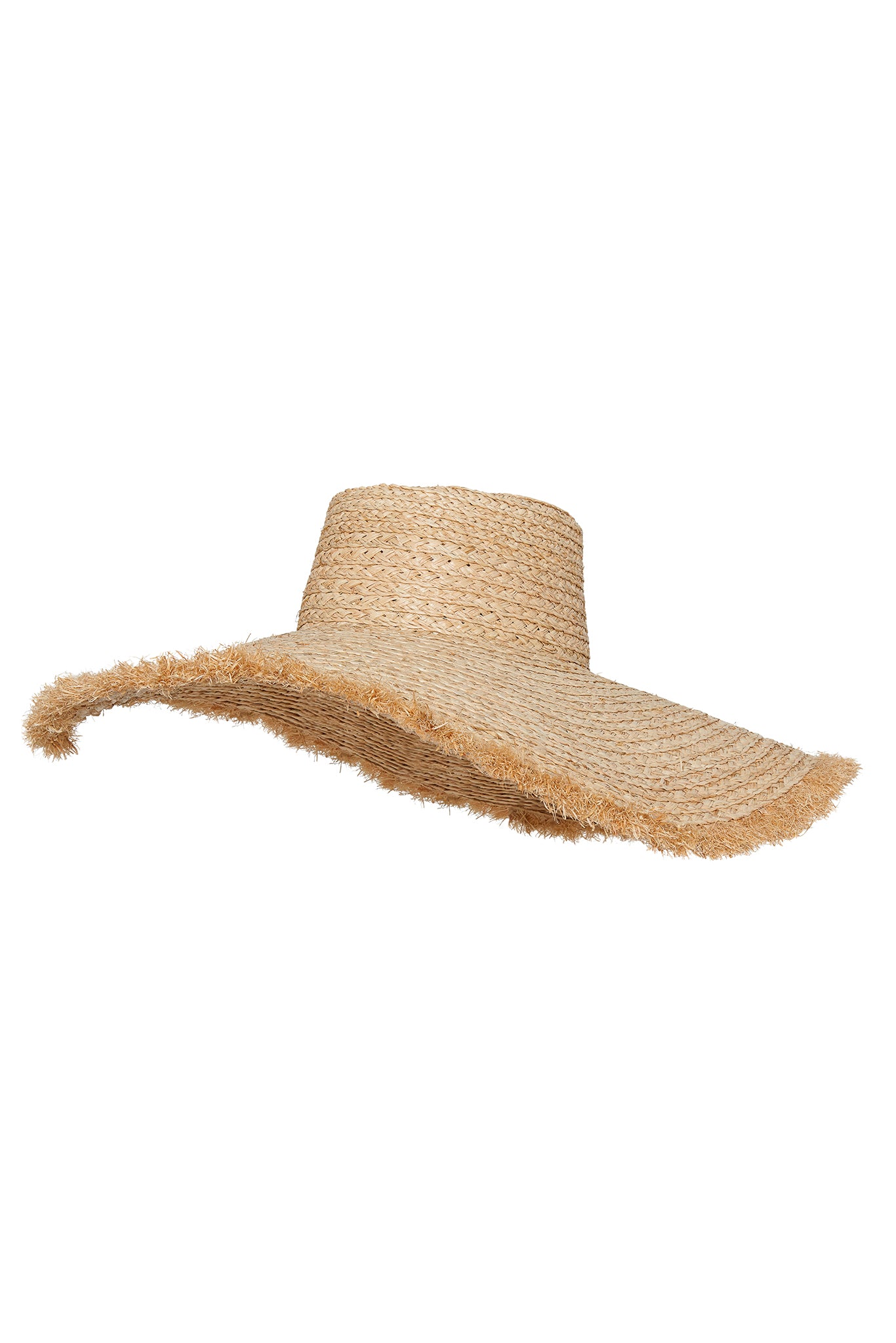 Wide-brim straw sun hat with frayed edges, natural tan color.