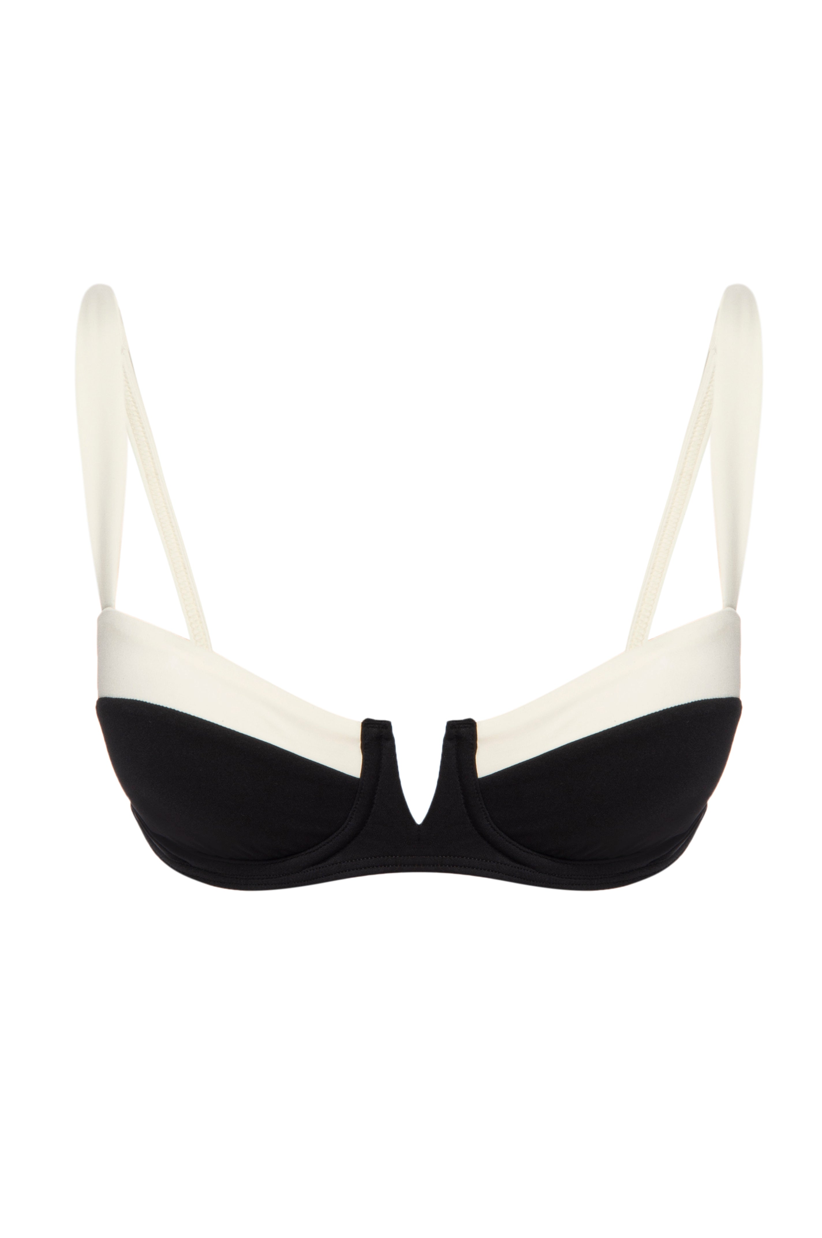 Black-and-white balconette bikini top with underwire and V-shaped center plunge, adjustable shoulder straps