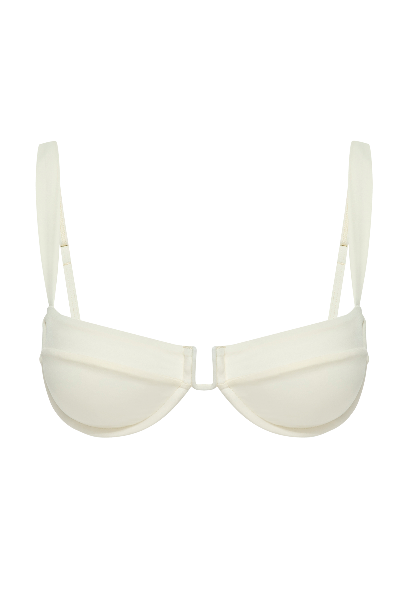 Ivory balconette bra with underwire, molded cups, adjustable straps and U-shaped center clasp