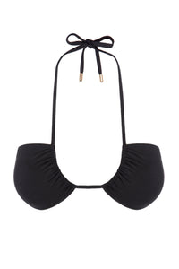 Black ruched halter bikini top with tie straps and gold metal tip accents.
