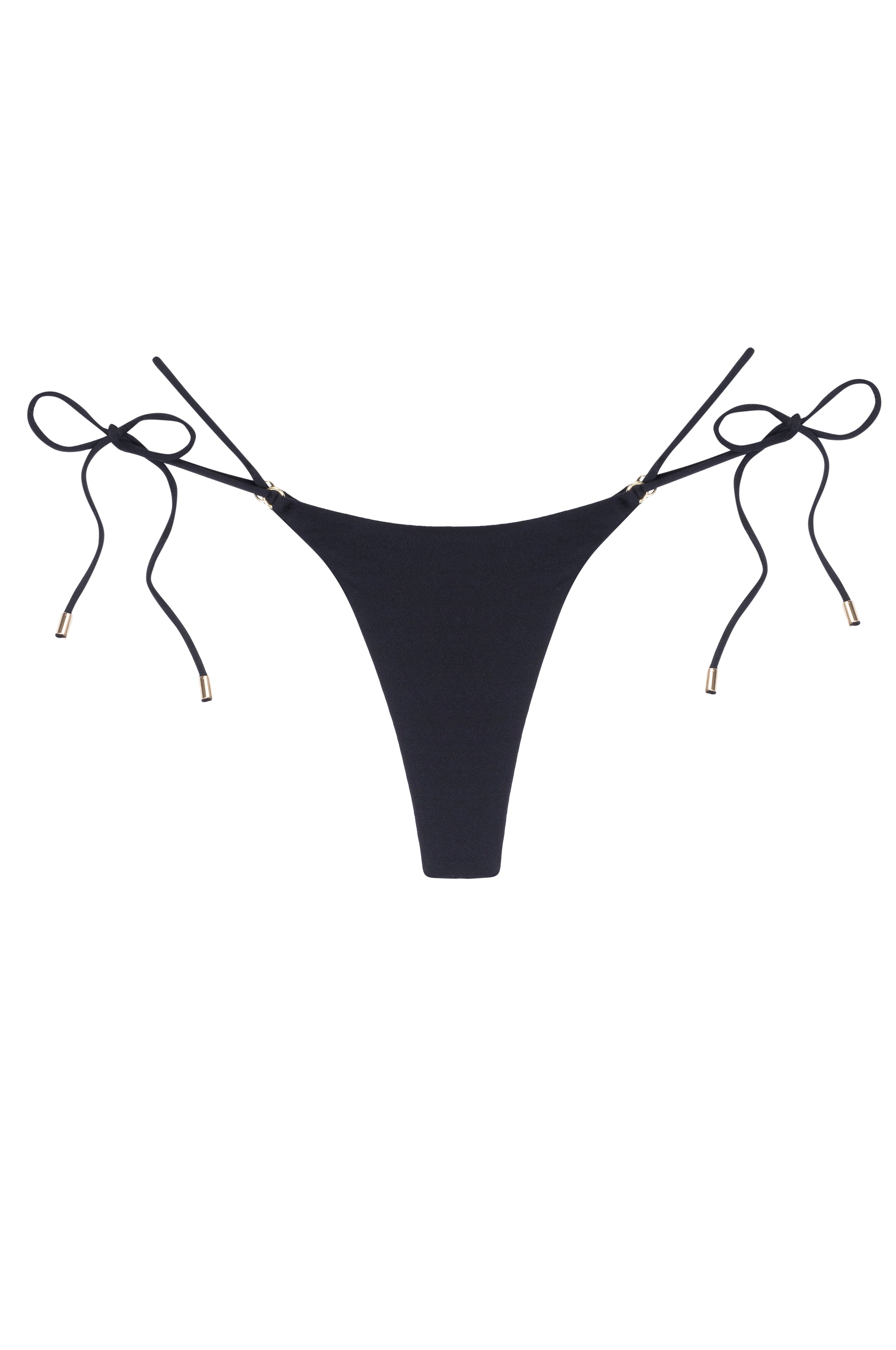 Black tie-side bikini bottom with narrow front panel and gold-tone cord end caps