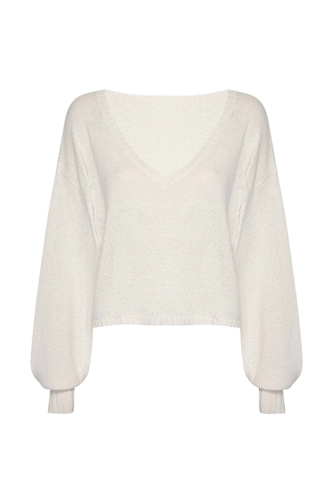 White V-neck cropped knit sweater with dropped shoulders and balloon sleeves