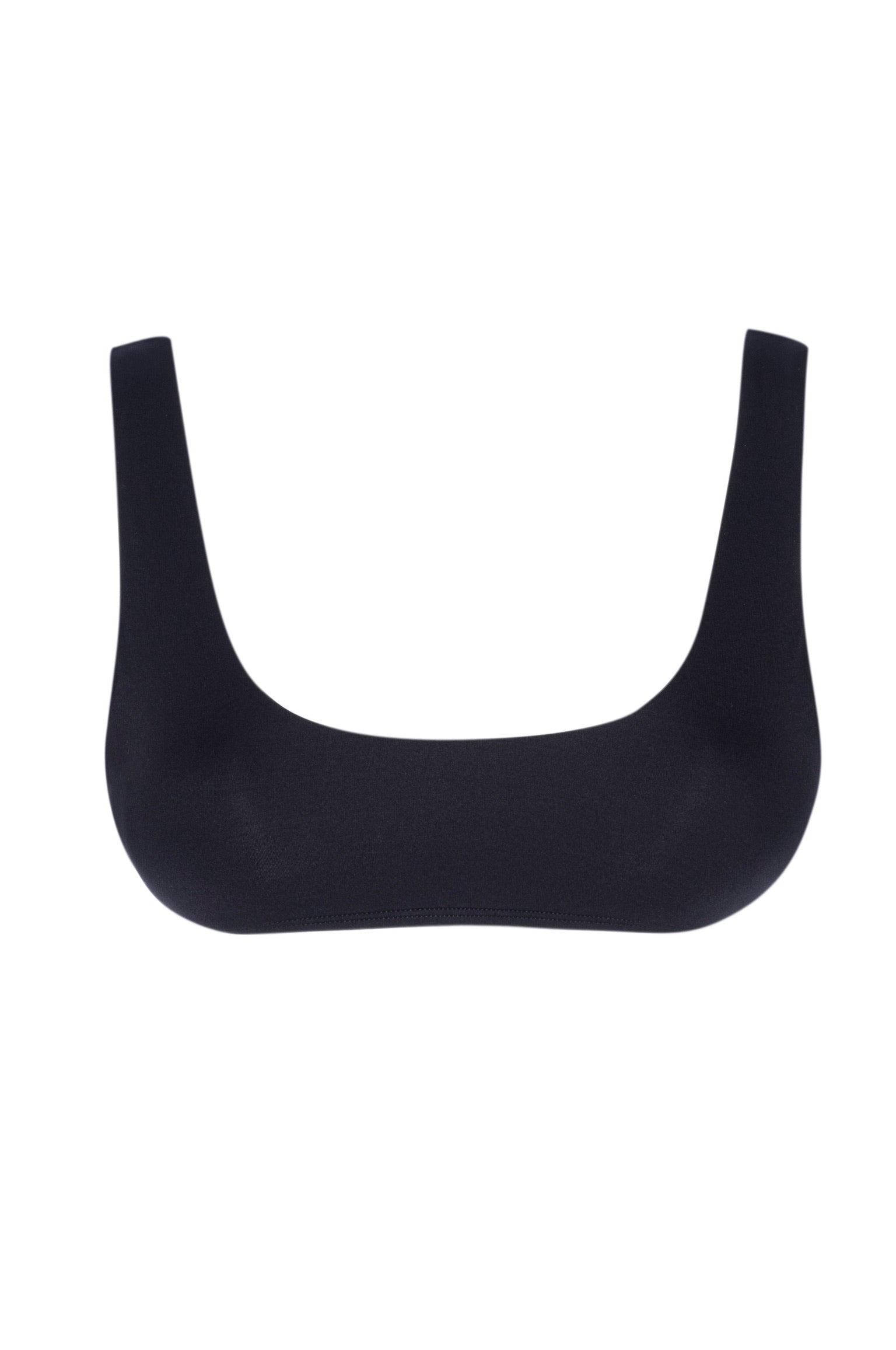 Black seamless square-neck bra top with wide straps, front view on white background.