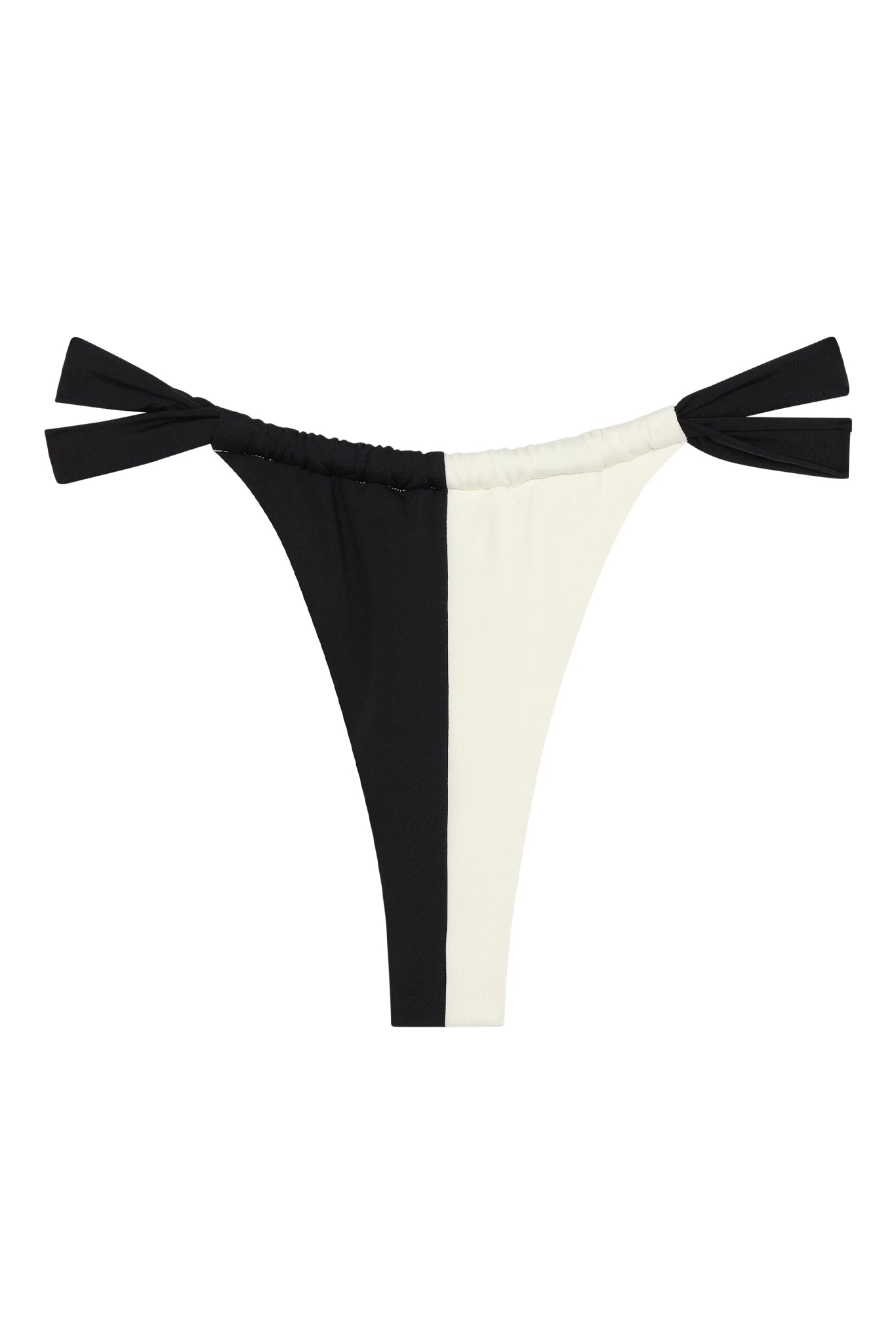 Black-and-white vertical colorblock tie-side bikini bottom with high-cut thong silhouette.