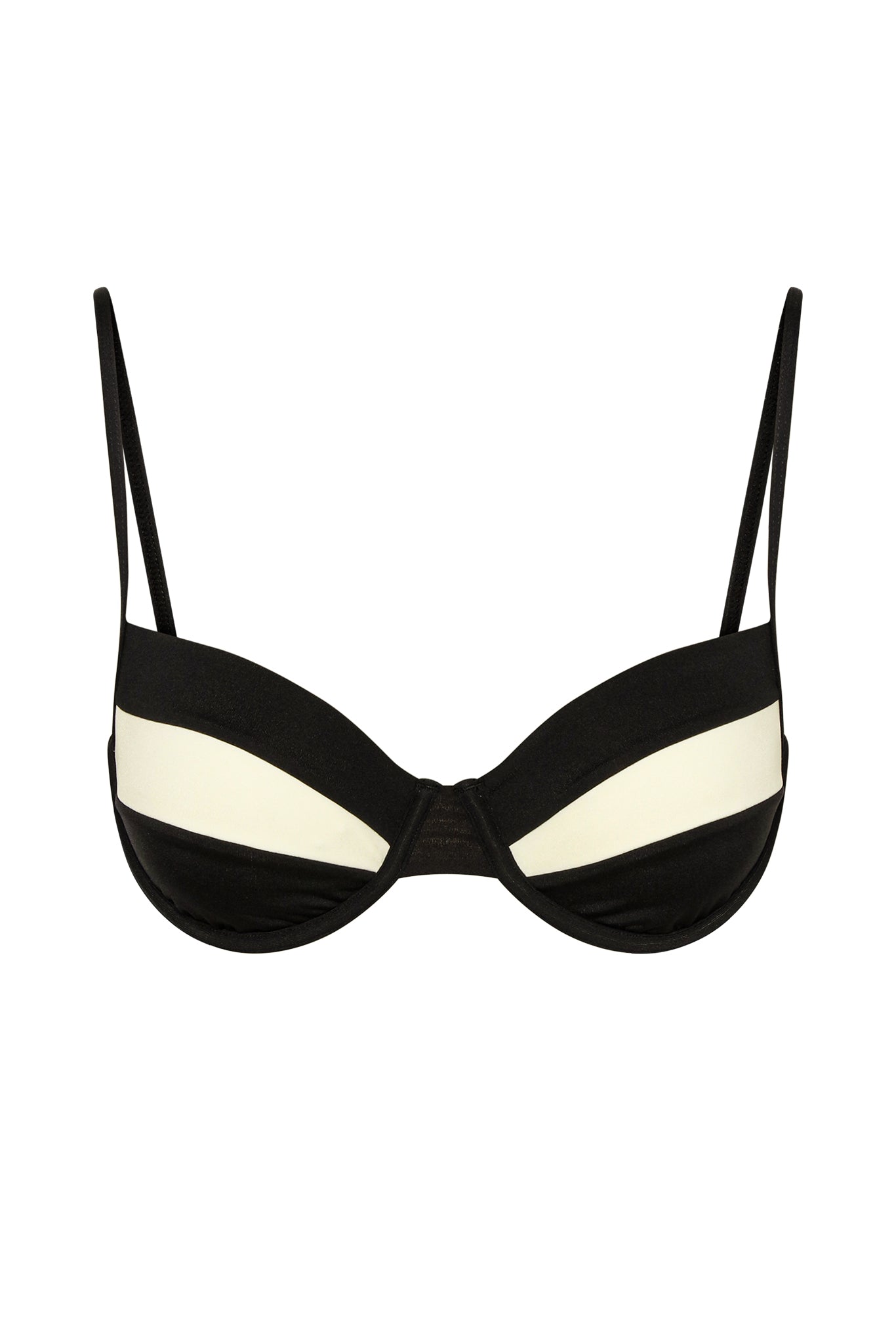 Black-and-ivory underwire bra with thin adjustable straps and curved two-tone cups.