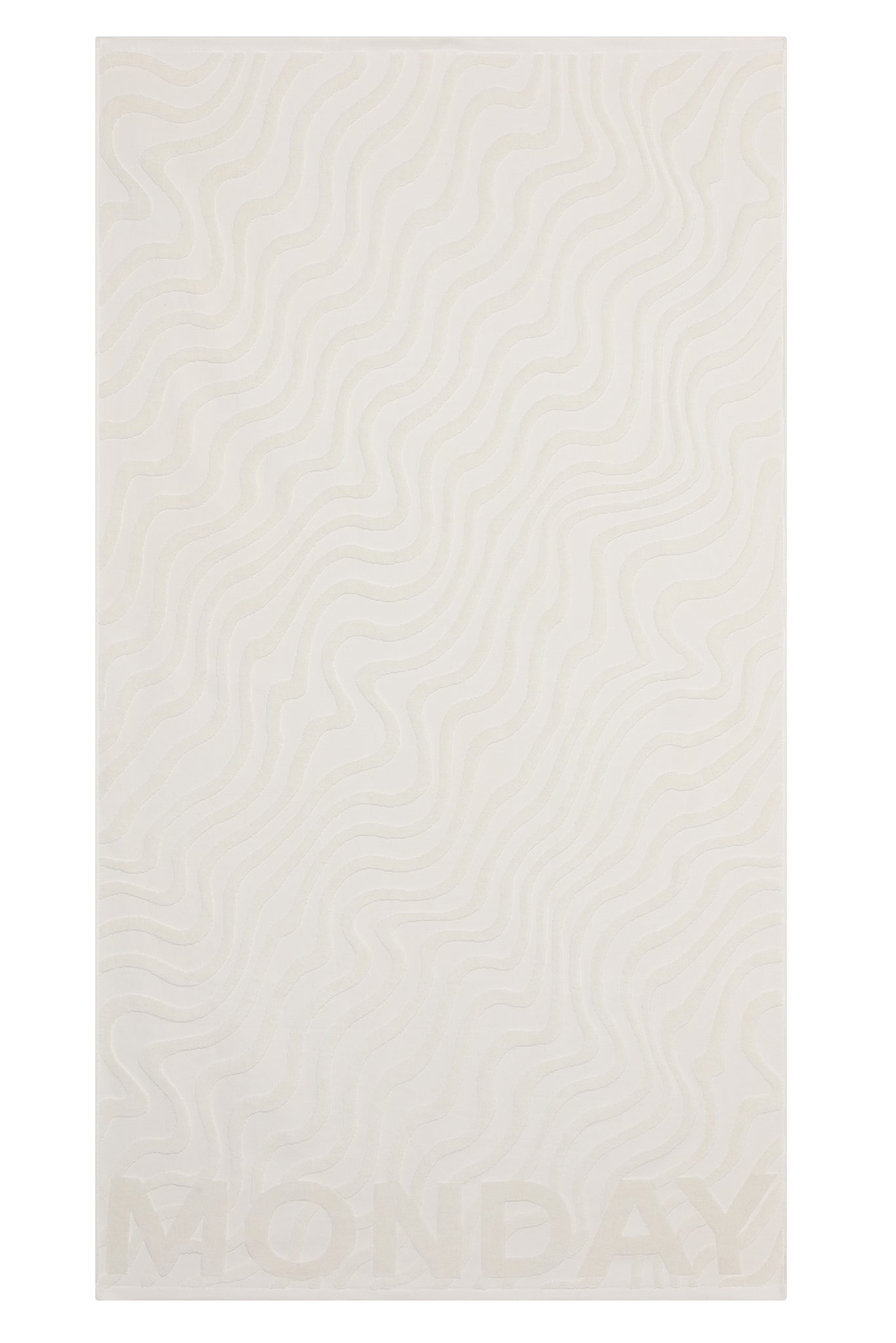 Cream bath towel with wavy embossed pattern and raised letters 'MONDAY' along the bottom edge