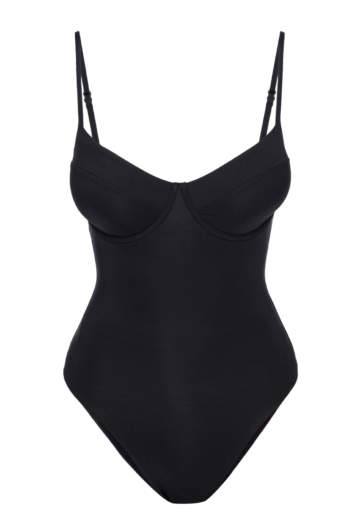 Black underwire one-piece bodysuit with adjustable spaghetti straps, molded cups and high-cut leg on white background.