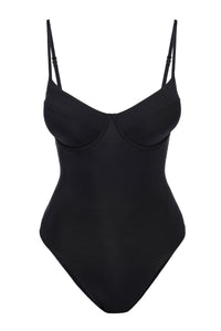 Black underwire one-piece bodysuit with adjustable spaghetti straps, molded cups and high-cut leg on white background.