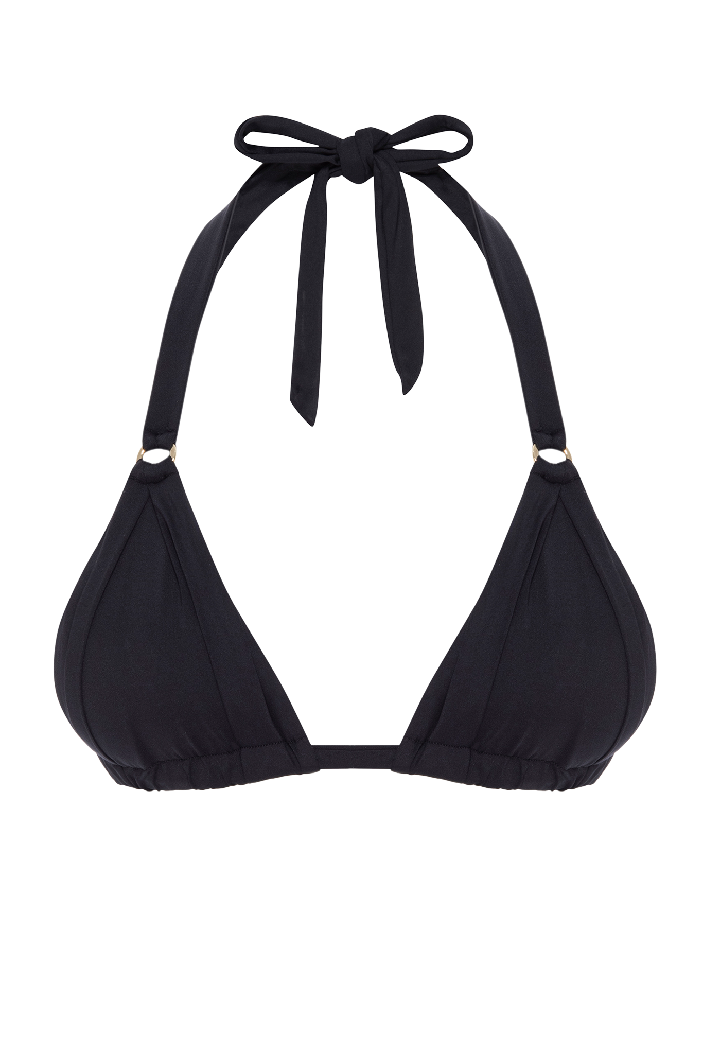Black halter triangle bikini top with tie at neck and small gold rings at straps.
