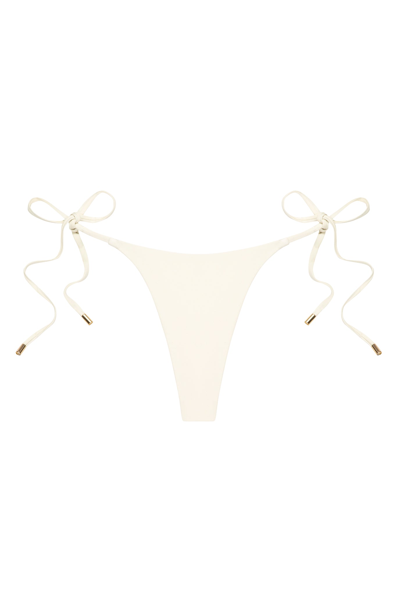 Cream string bikini bottom with side-tie bows and gold-tipped ends