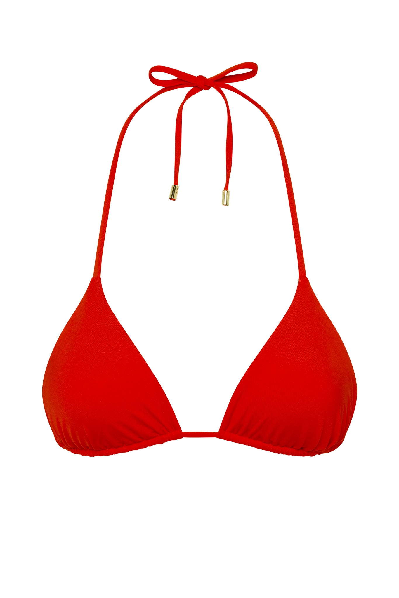 Red triangle bikini top with halter neck tie and gold end caps on white background.