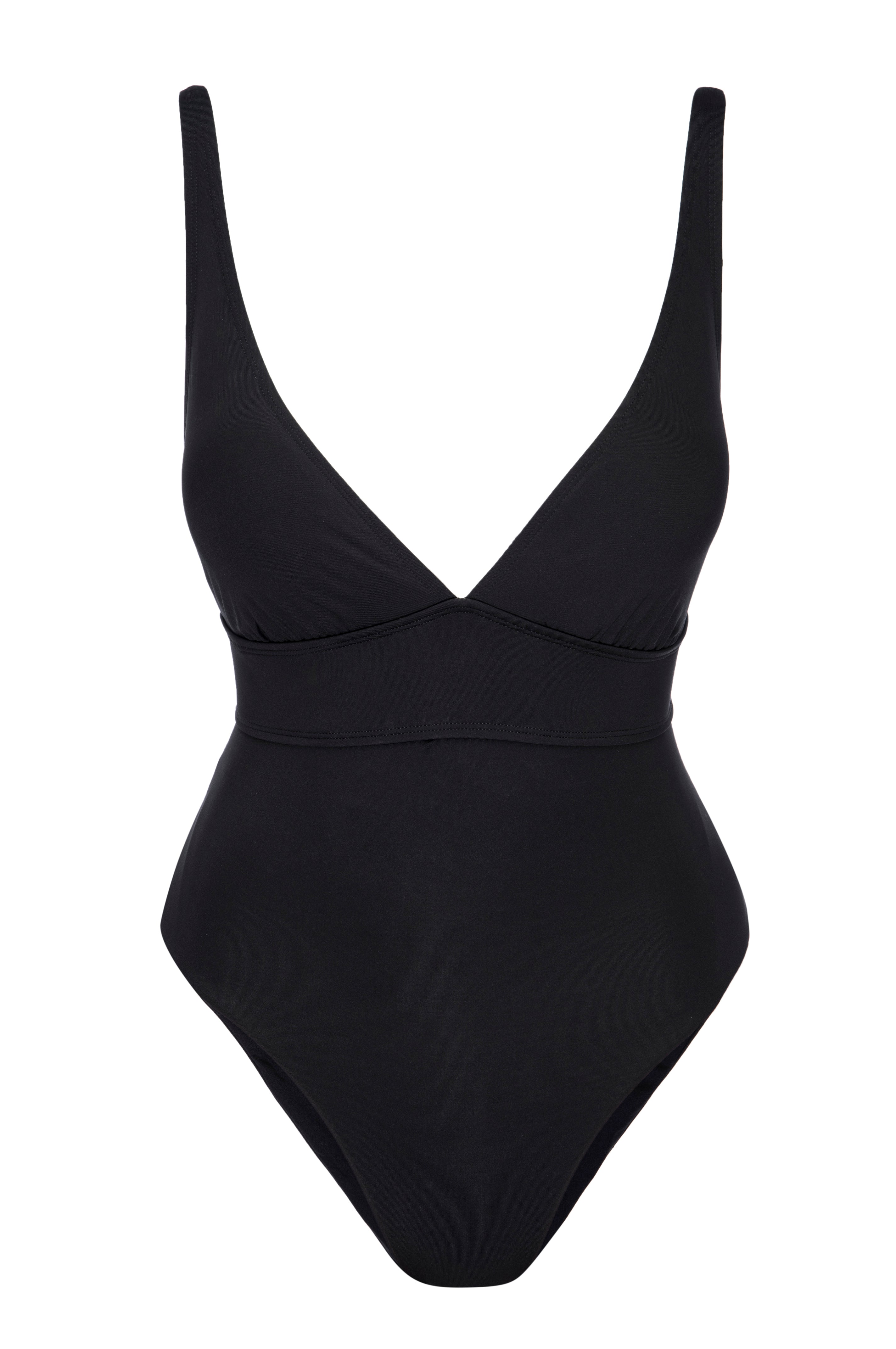 Black one-piece swimsuit with deep V-neck, wide underbust band and high-cut leg