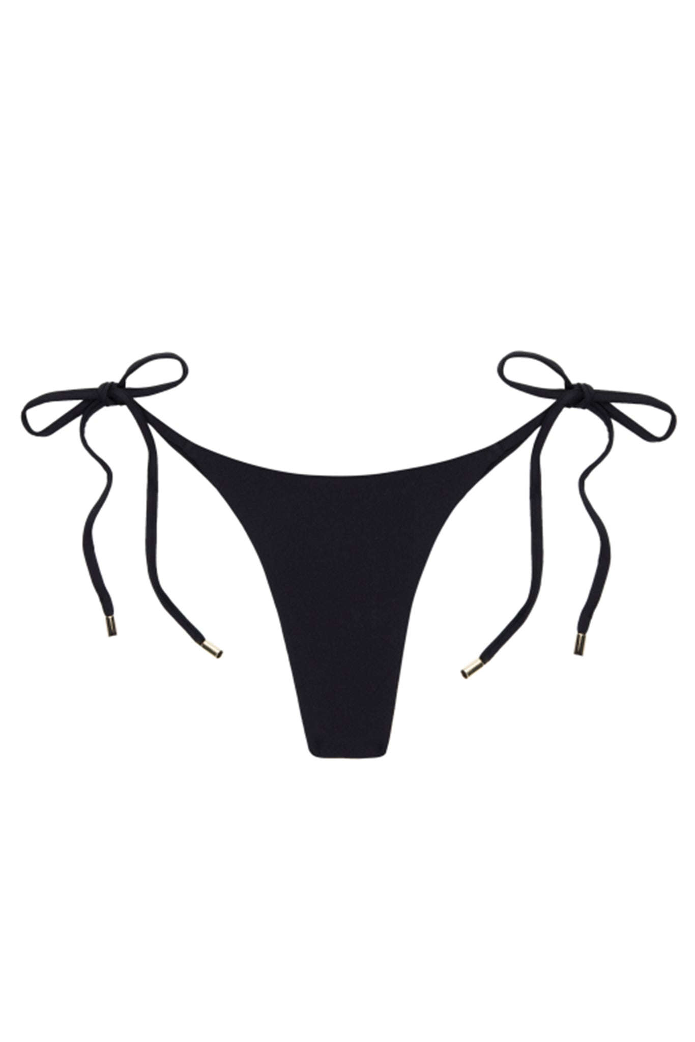 Black tie-side bikini bottom with gold-tipped side ties