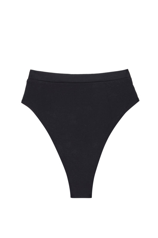 Black high-waist thong underwear, flat-lay on white background.