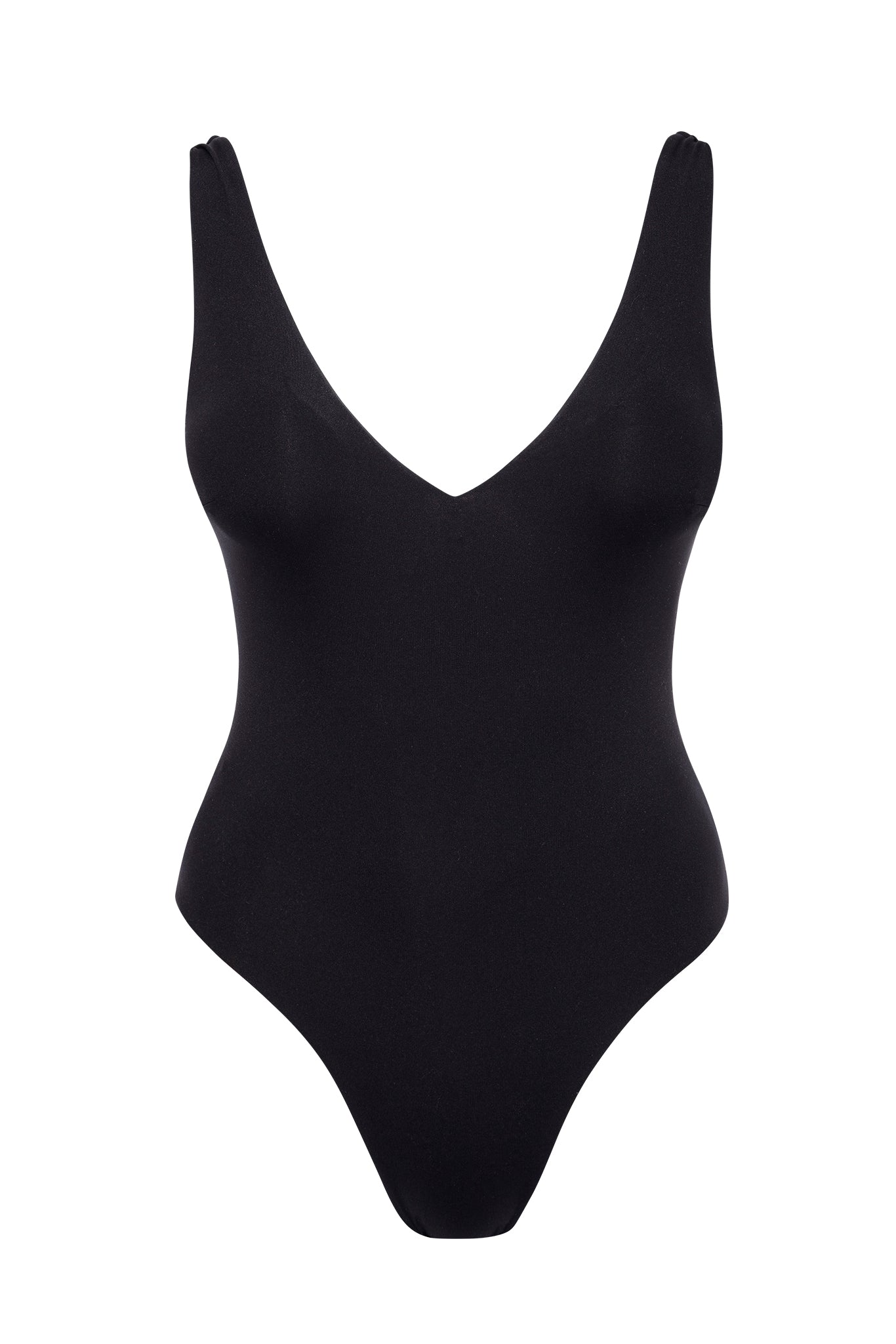 Black one-piece swimsuit with V-neck and high-cut leg, sleeveless