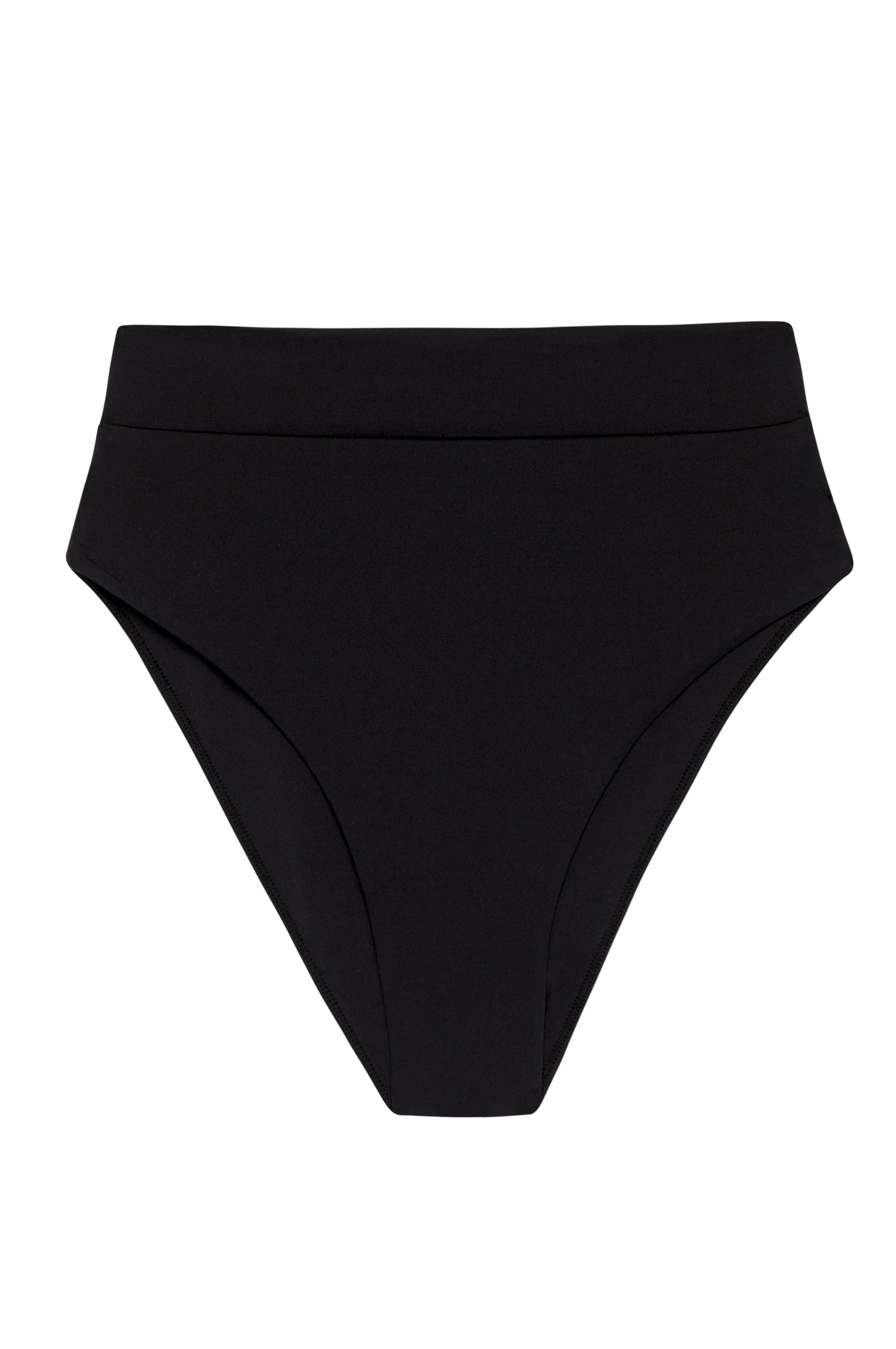 Black high-waist bikini bottoms on white background