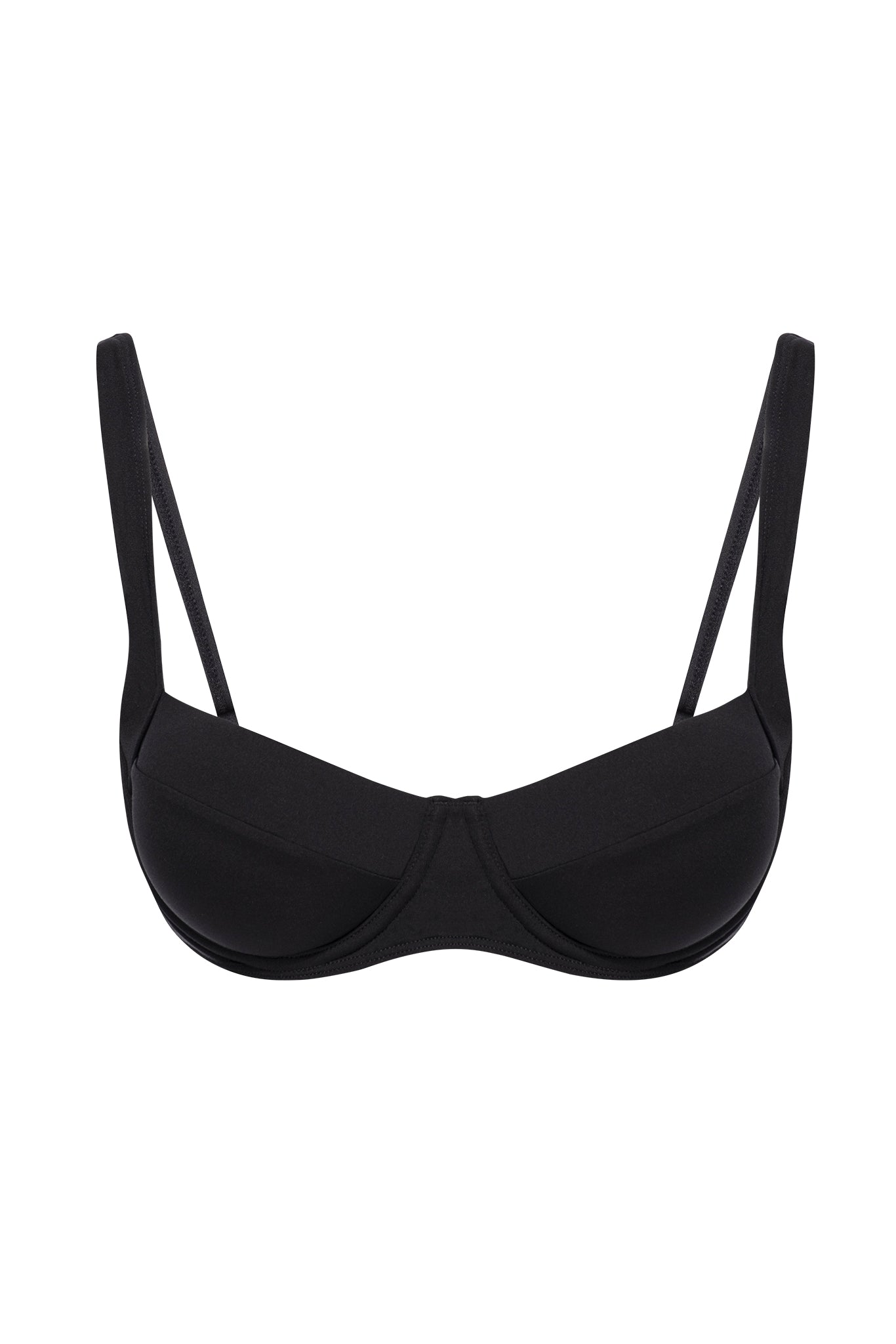 Black underwire balconette bra front view with thin adjustable straps