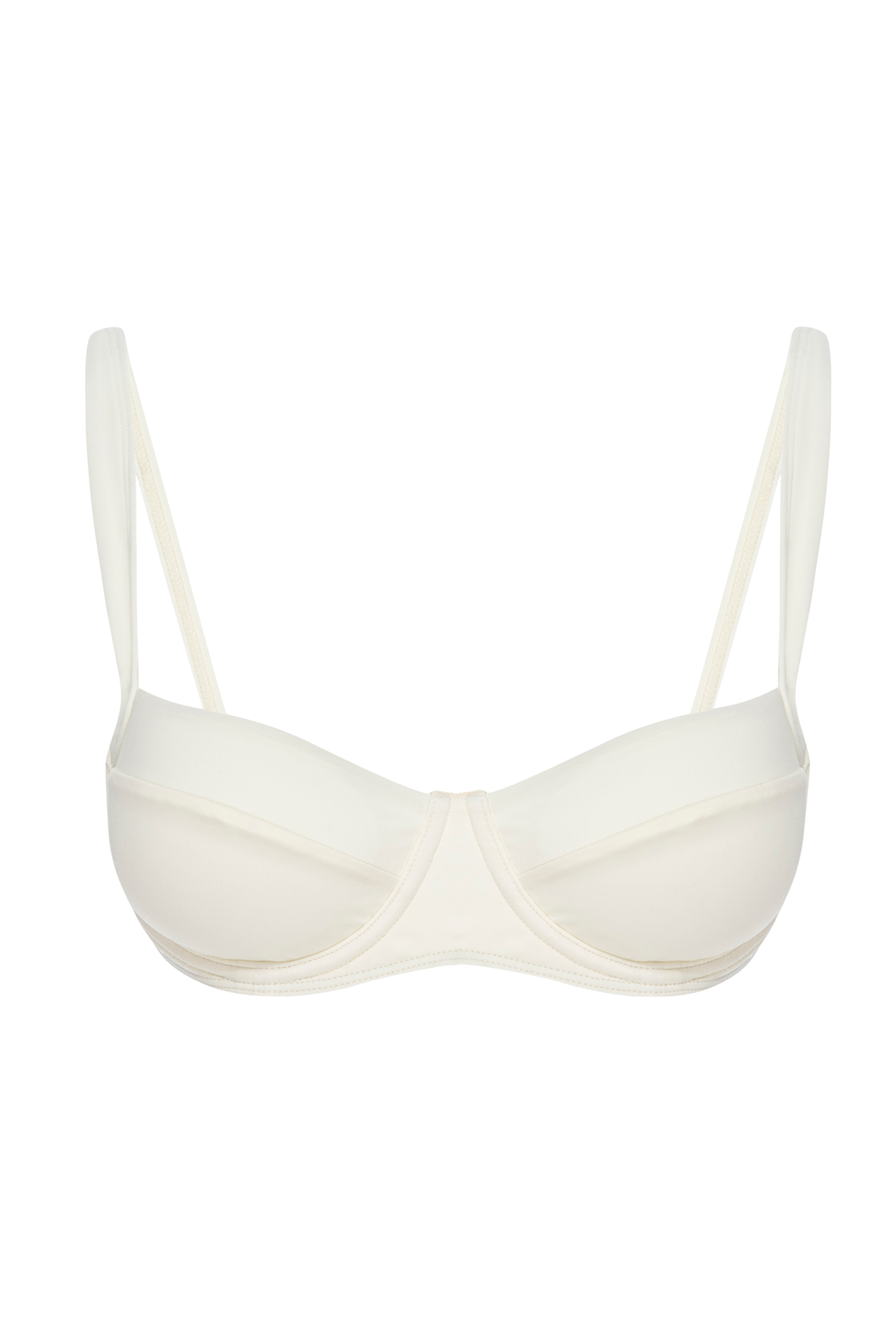 Cream balconette bra with underwire and thin adjustable straps, front view on white background.