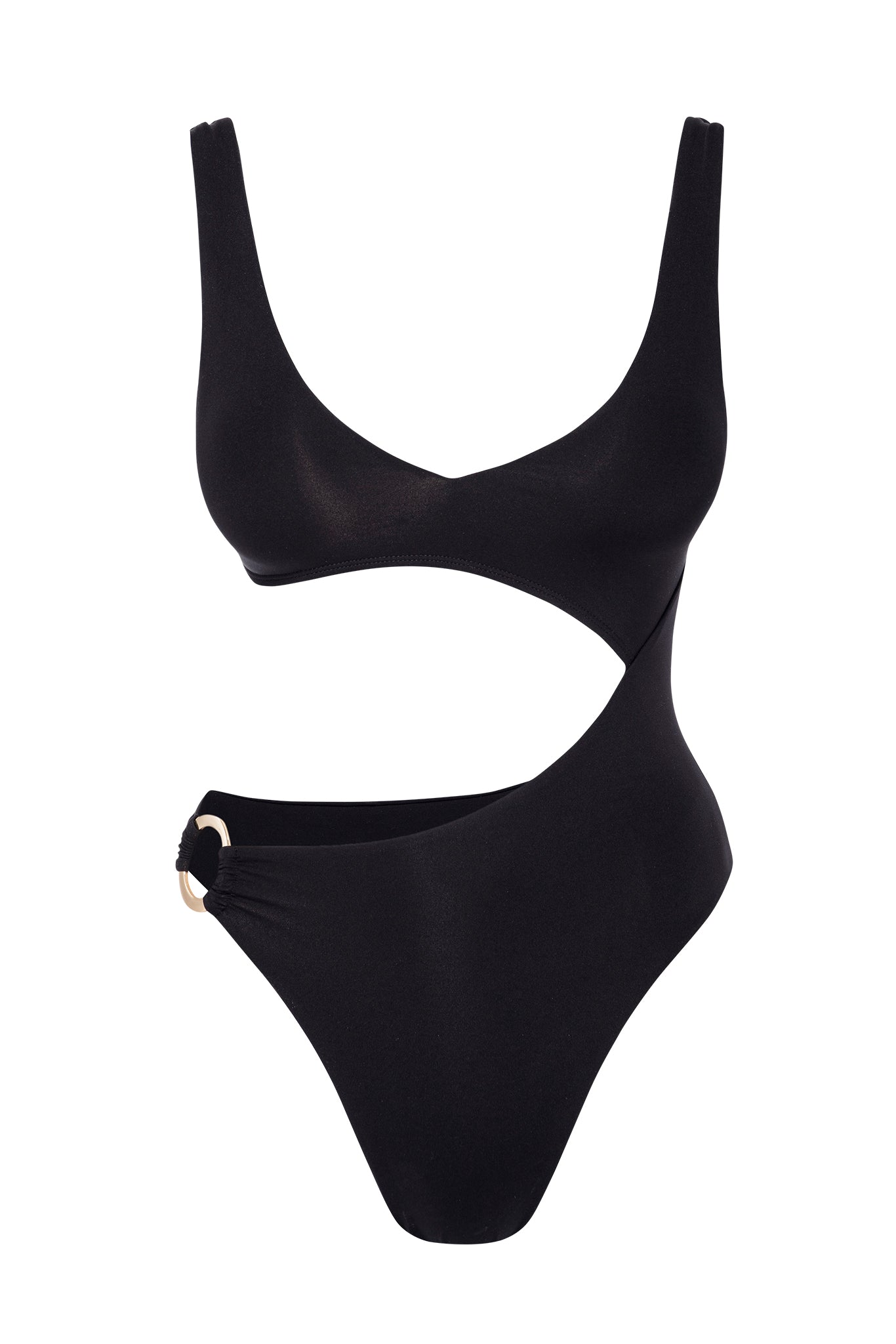 Black asymmetrical cutout one-piece swimsuit with high-cut leg and gold hip ring