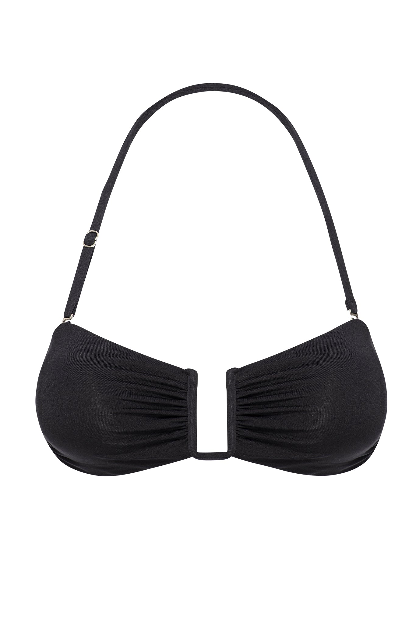 Black halter bikini top with U-shaped center cutout, gathered cups and single adjustable neck strap.