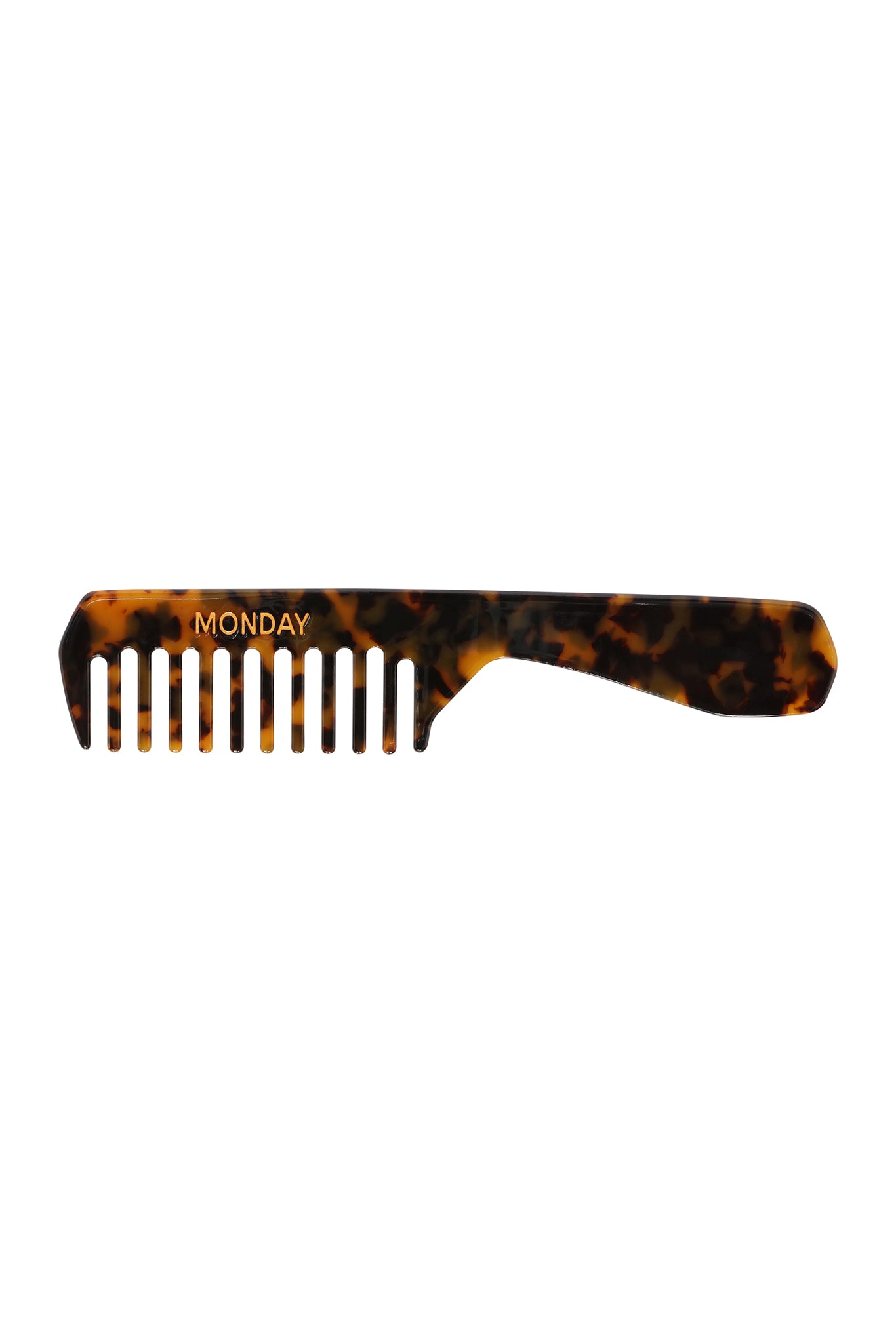 Tortoiseshell wide-tooth handled comb with MONDAY printed above the teeth