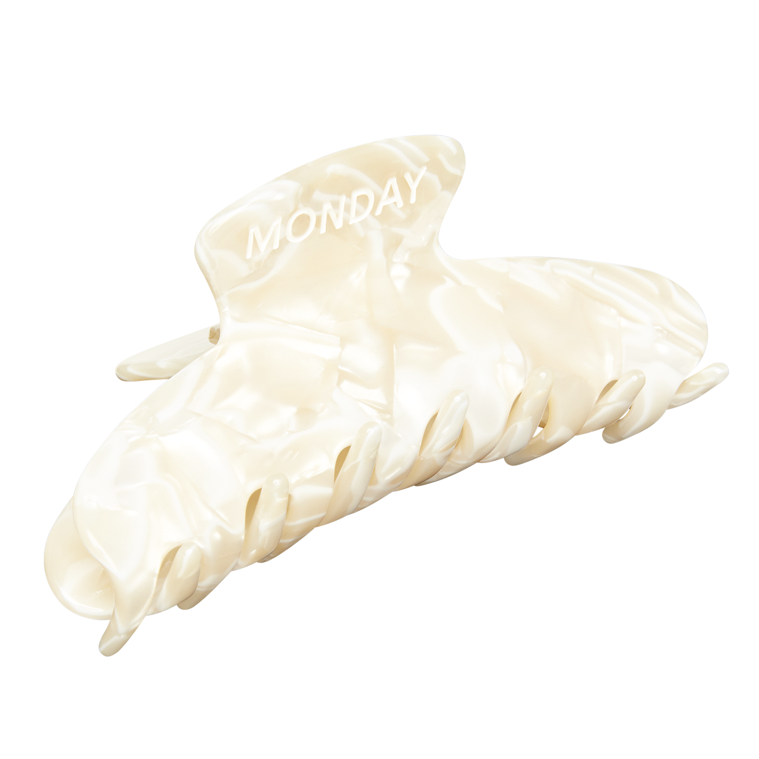Pearlized cream hair claw clip with the word MONDAY printed on the top
