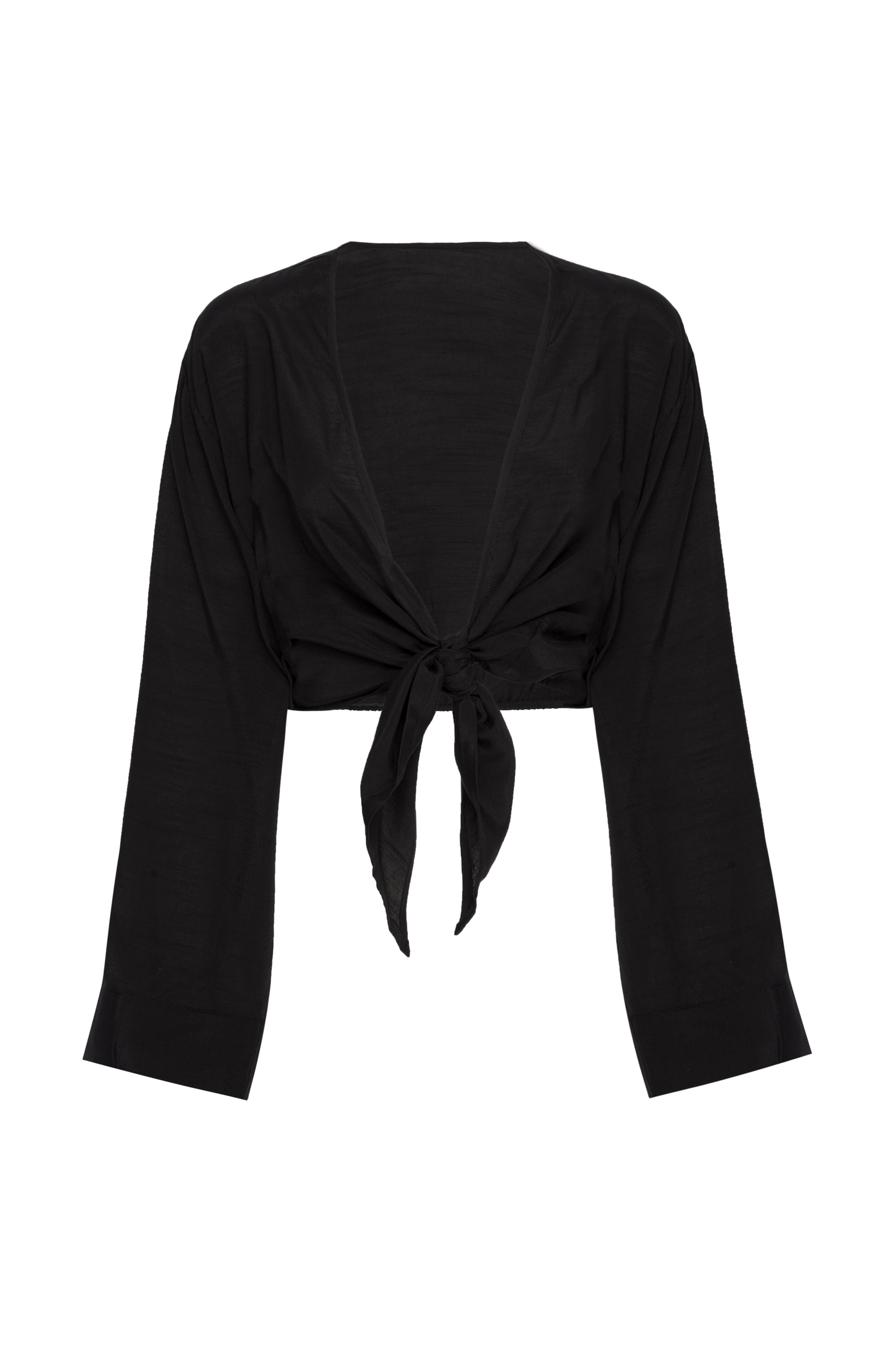 Black cropped long-sleeve top with deep V-neck and front tie knot