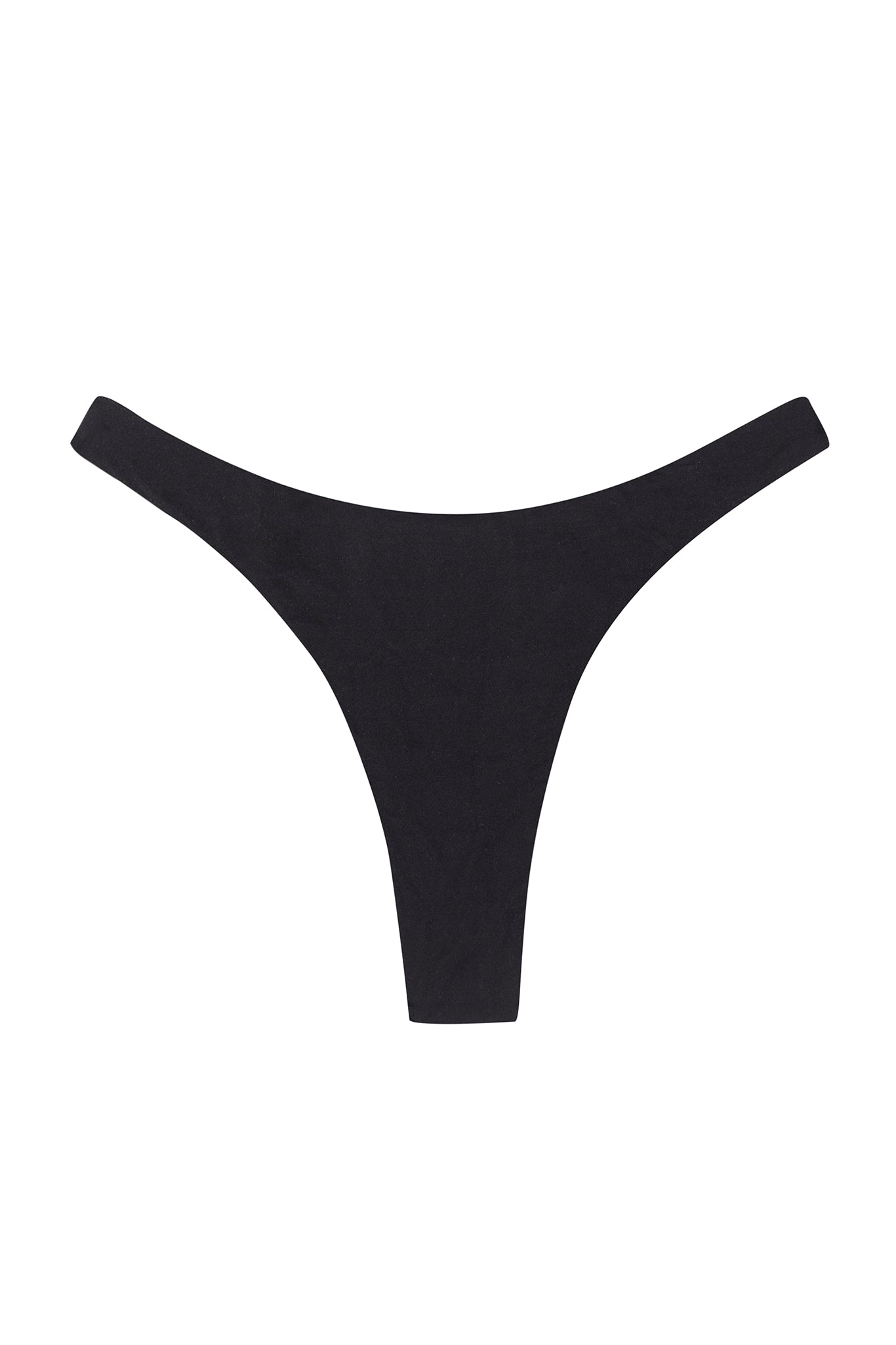 Black seamless thong-style women's underwear laid flat on white background (product photo)