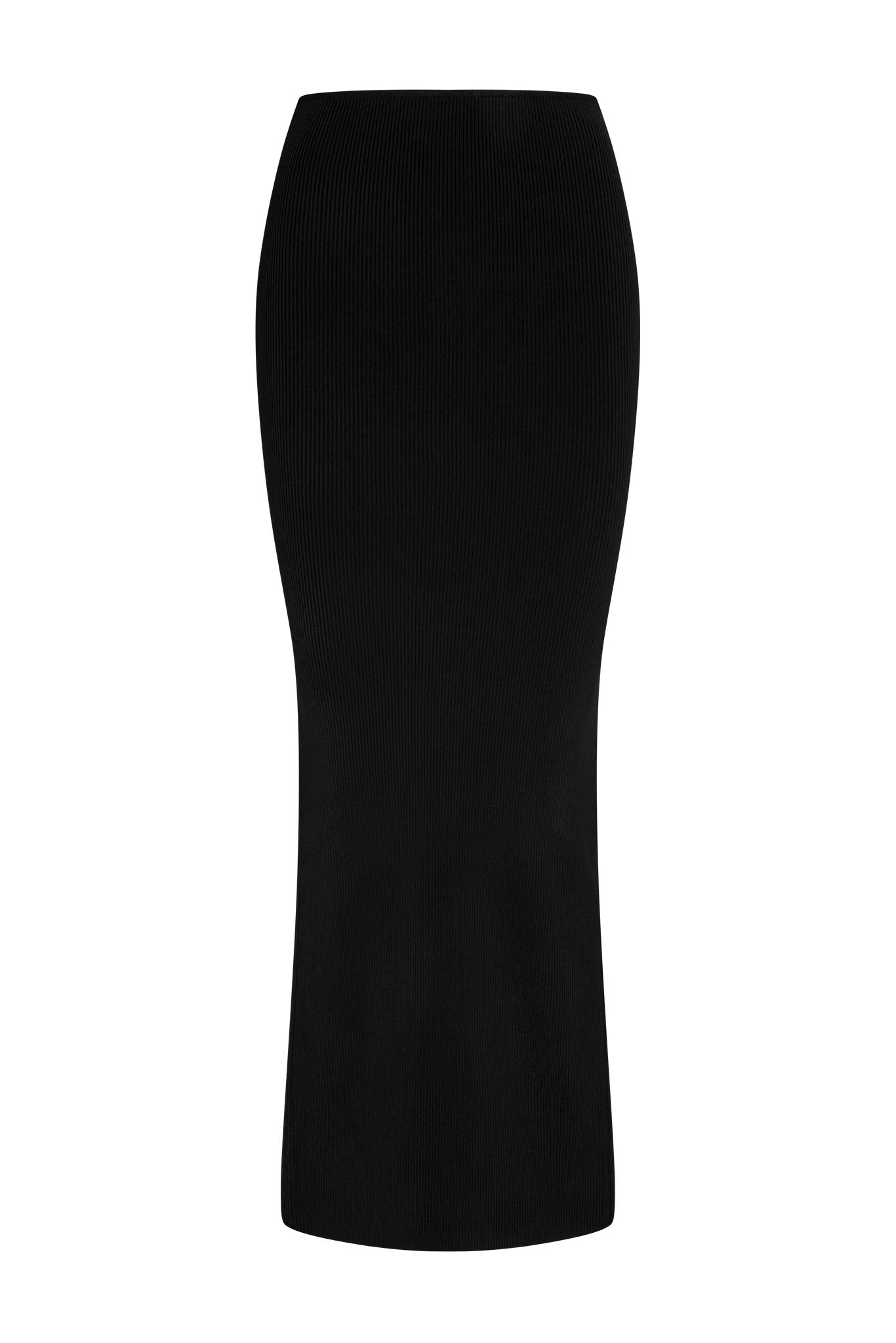 Black ribbed midi pencil skirt, high waist with slight flare at hem, shown on white background