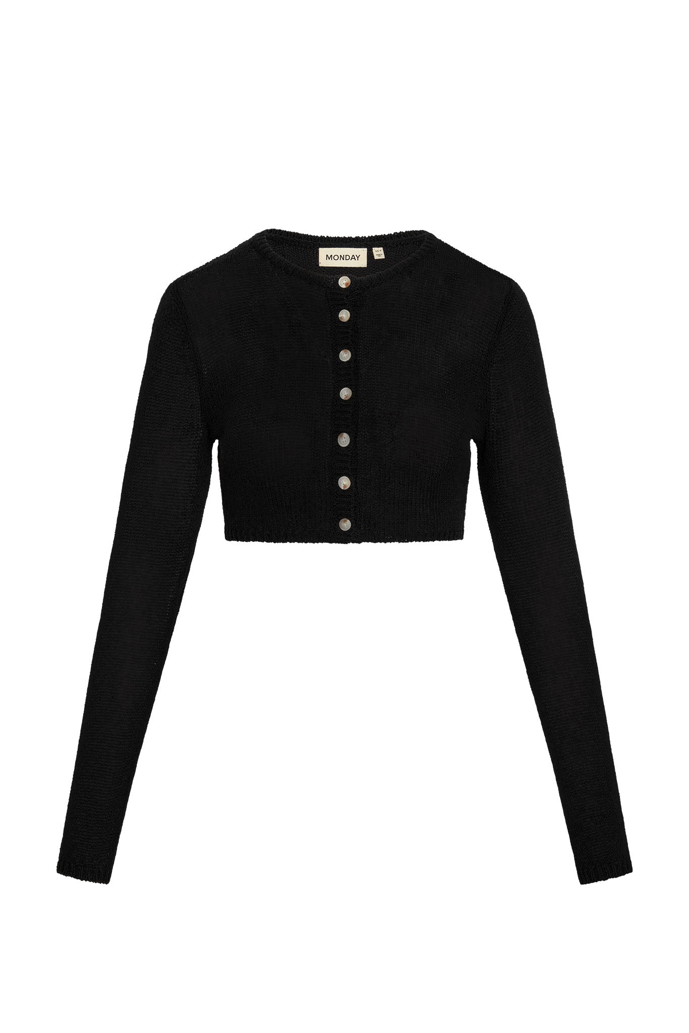 Black cropped cardigan with long sleeves and front pearl buttons; label reads MONDAY