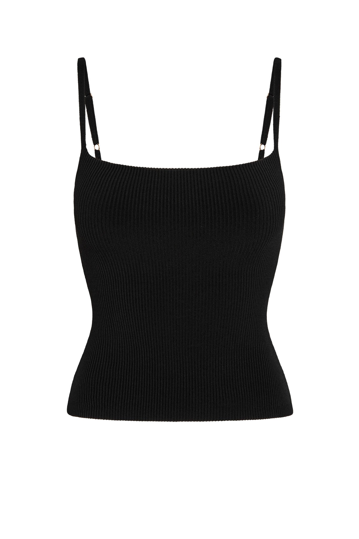 Black ribbed knit camisole with adjustable spaghetti straps
