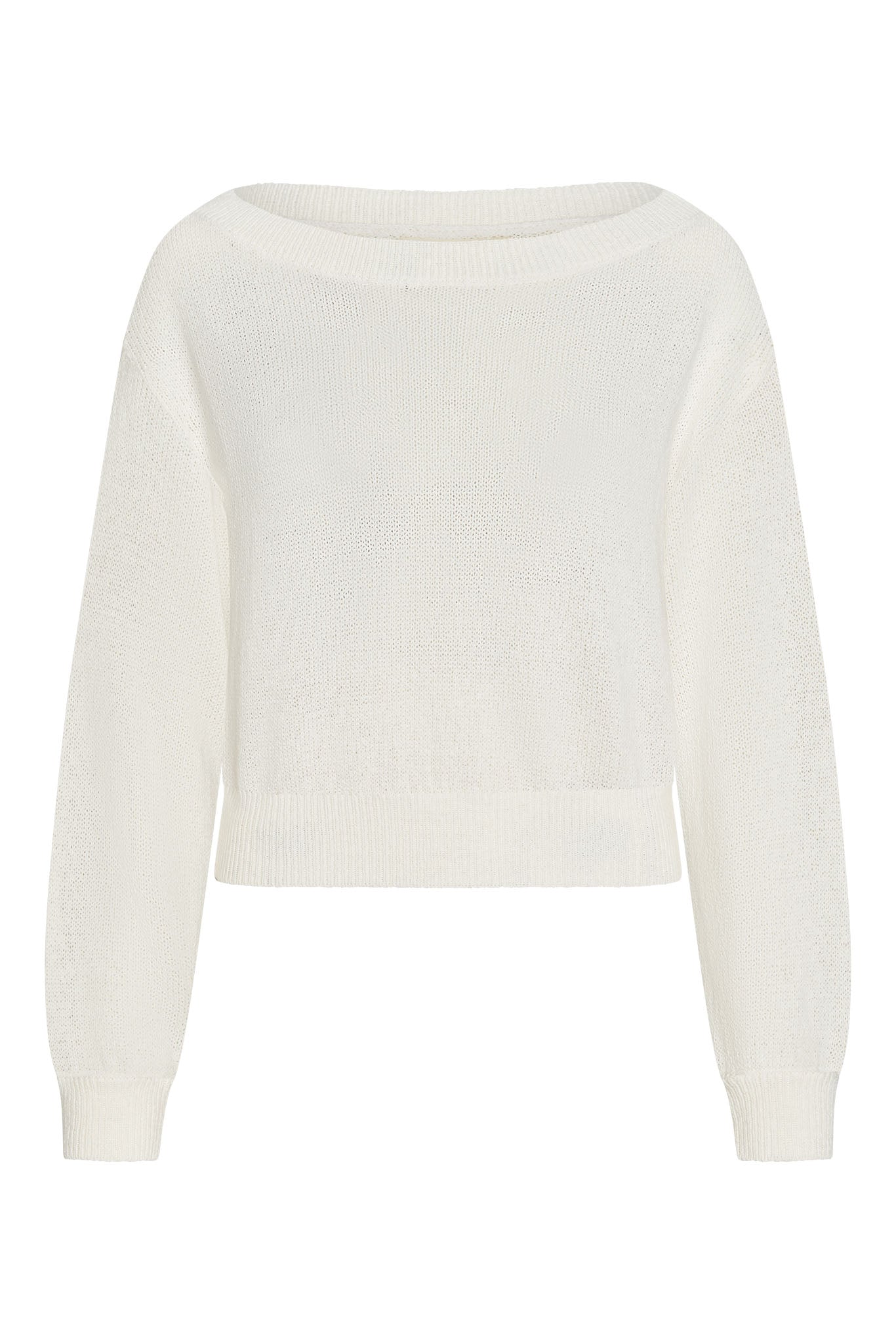 Ivory lightweight knit sweater with boat neckline, long sleeves, ribbed cuffs and hem, slightly cropped fit
