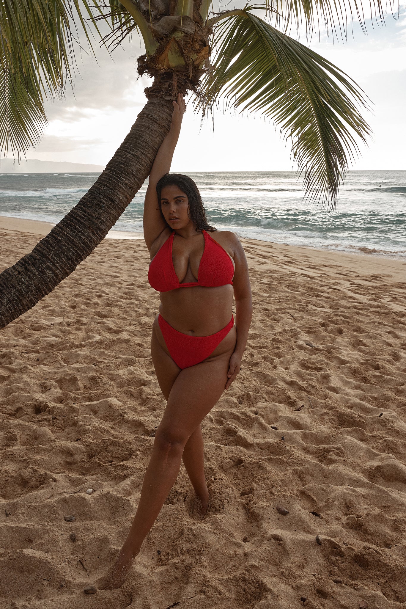 Curvy woman in a red bikini leaning against a palm tree on a sandy beach with ocean waves in the background.