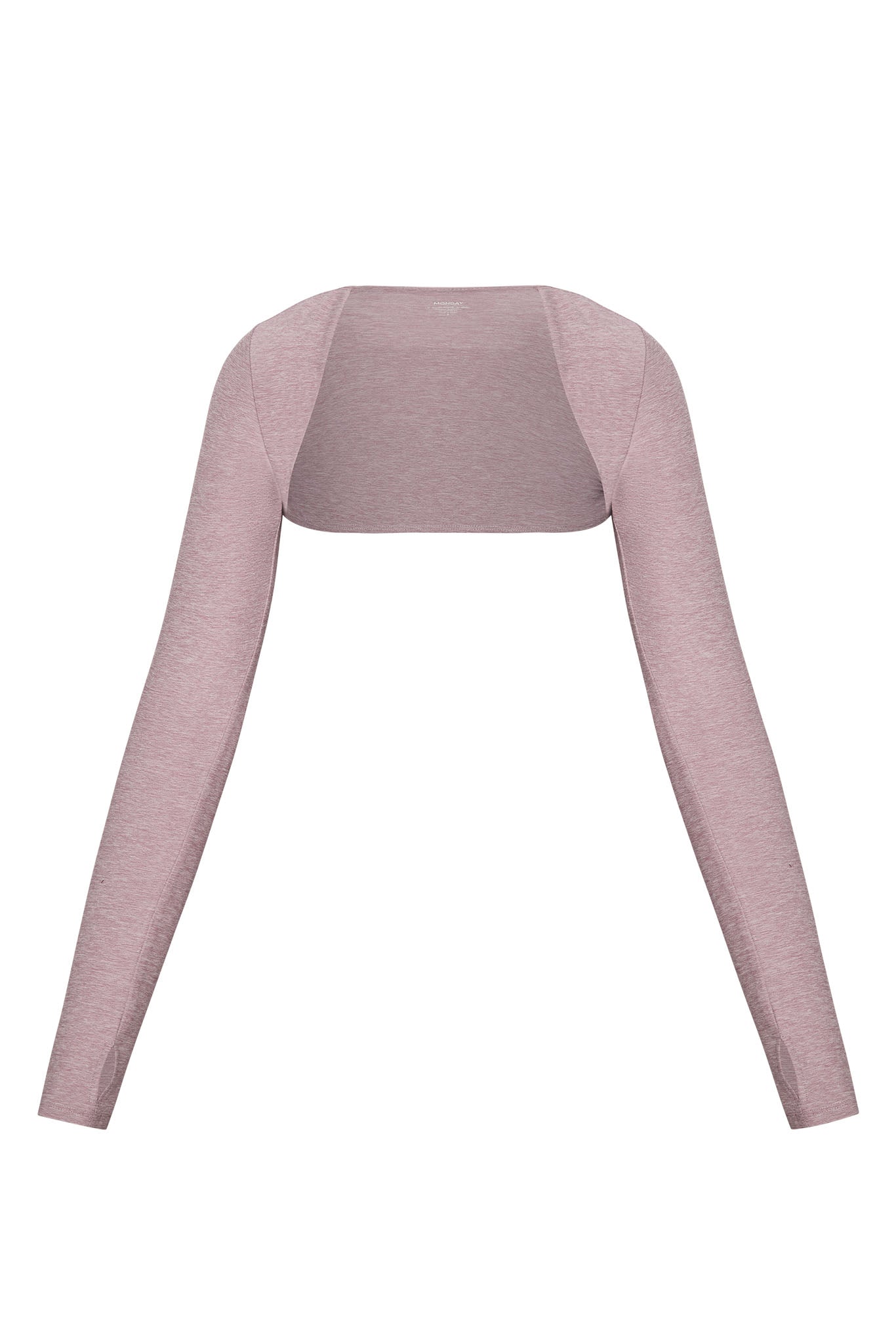 Dusty rose heather long-sleeve cropped shrug with open back and fitted sleeves.