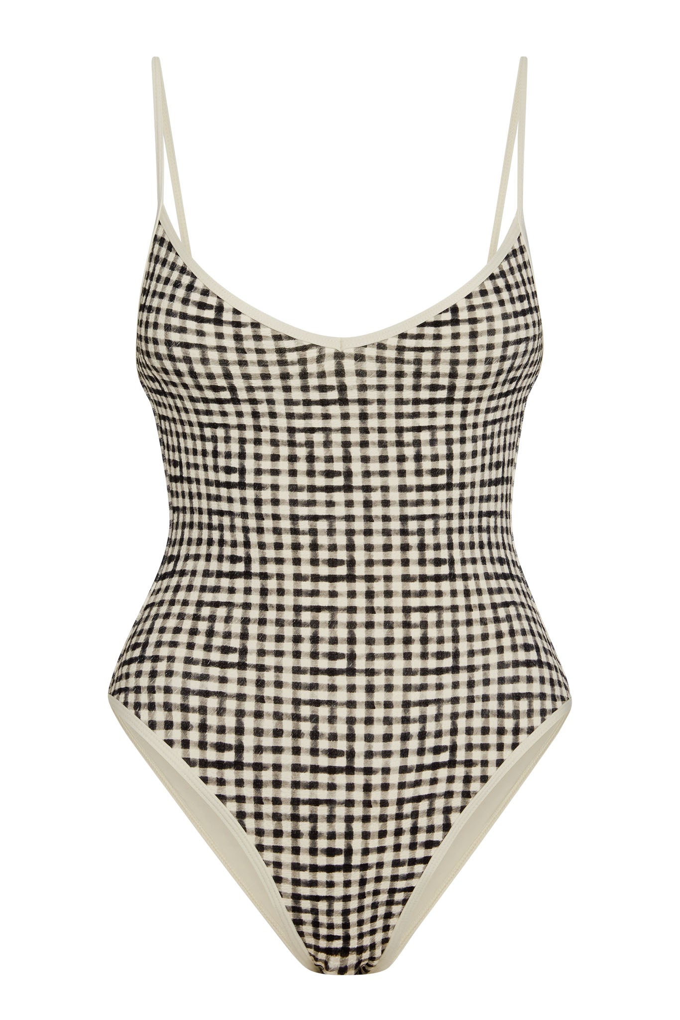One-piece swimsuit with black-and-cream gingham check, cream trim, thin spaghetti straps and high-cut leg