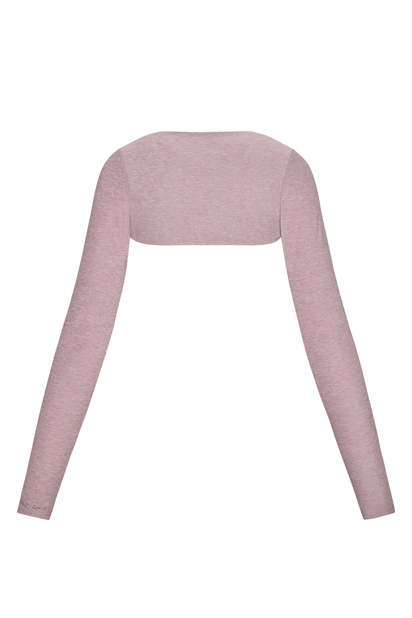 Heathered dusty-pink long-sleeve bolero shrug, back view; small 'MONDAY' logo on left cuff.