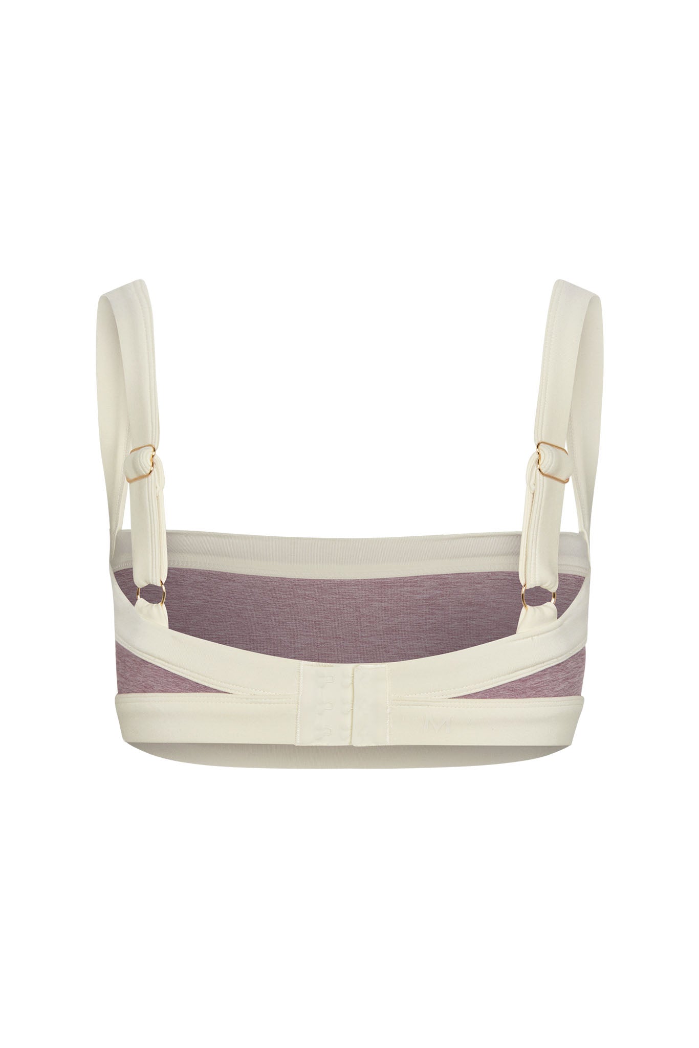 Back view of a two-tone nursing bra with adjustable cream straps, mauve heather fabric panel, and hook-and-eye closure.